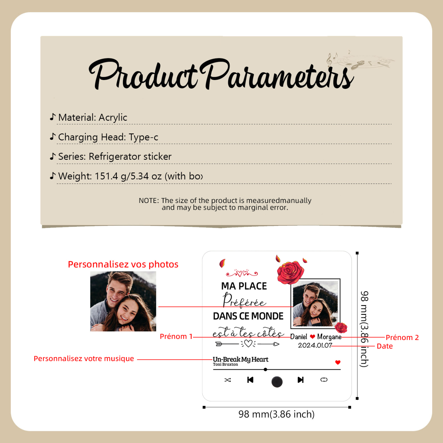 Aimant Frigo musical Personnalisé avec 2 prénoms et 1 Photo Aimant De Réfrigérateur pour Couple | Jessemade