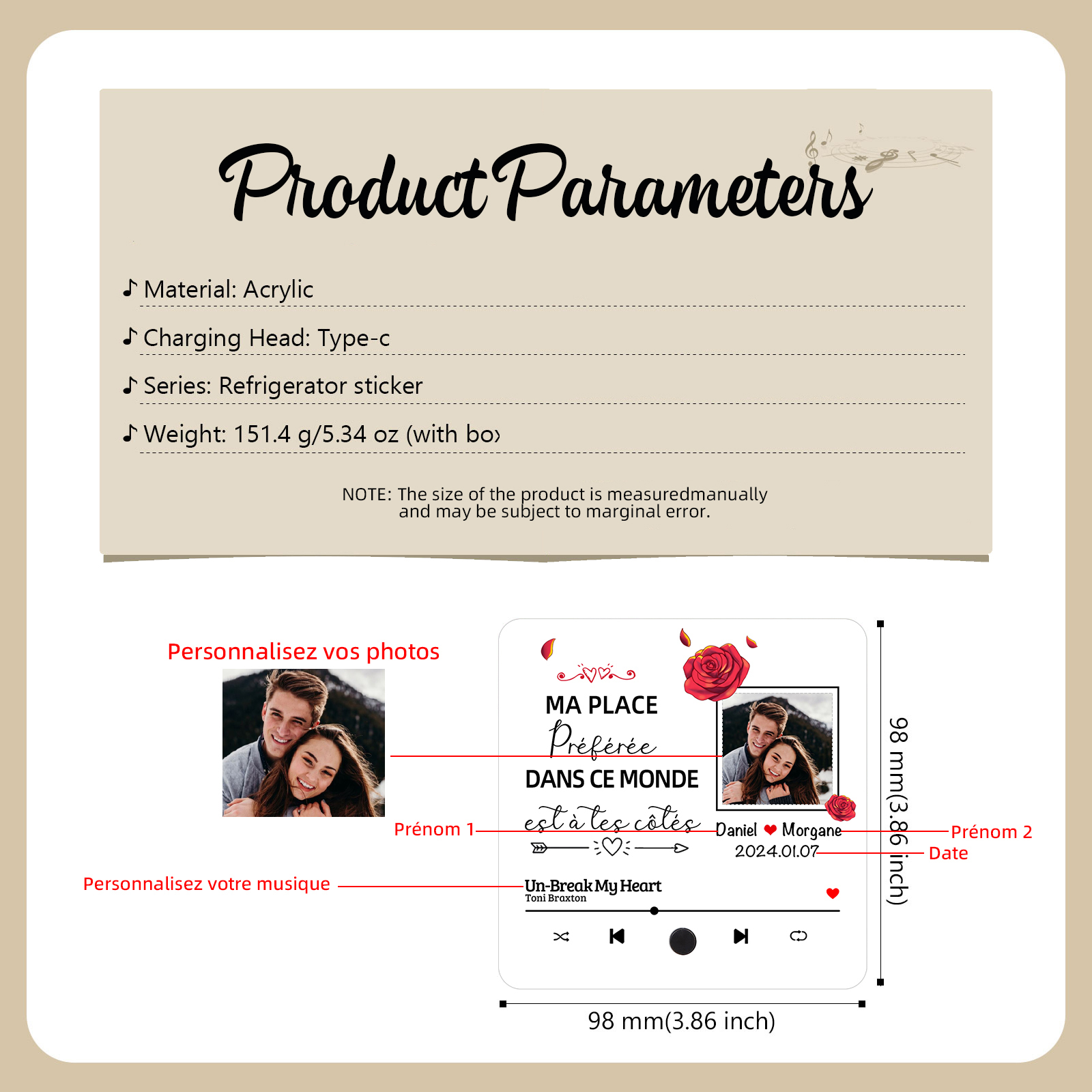 Aimant Frigo musical Personnalisé avec 2 prénoms et 1 Photo Aimant De Réfrigérateur pour Couple | Jessemade