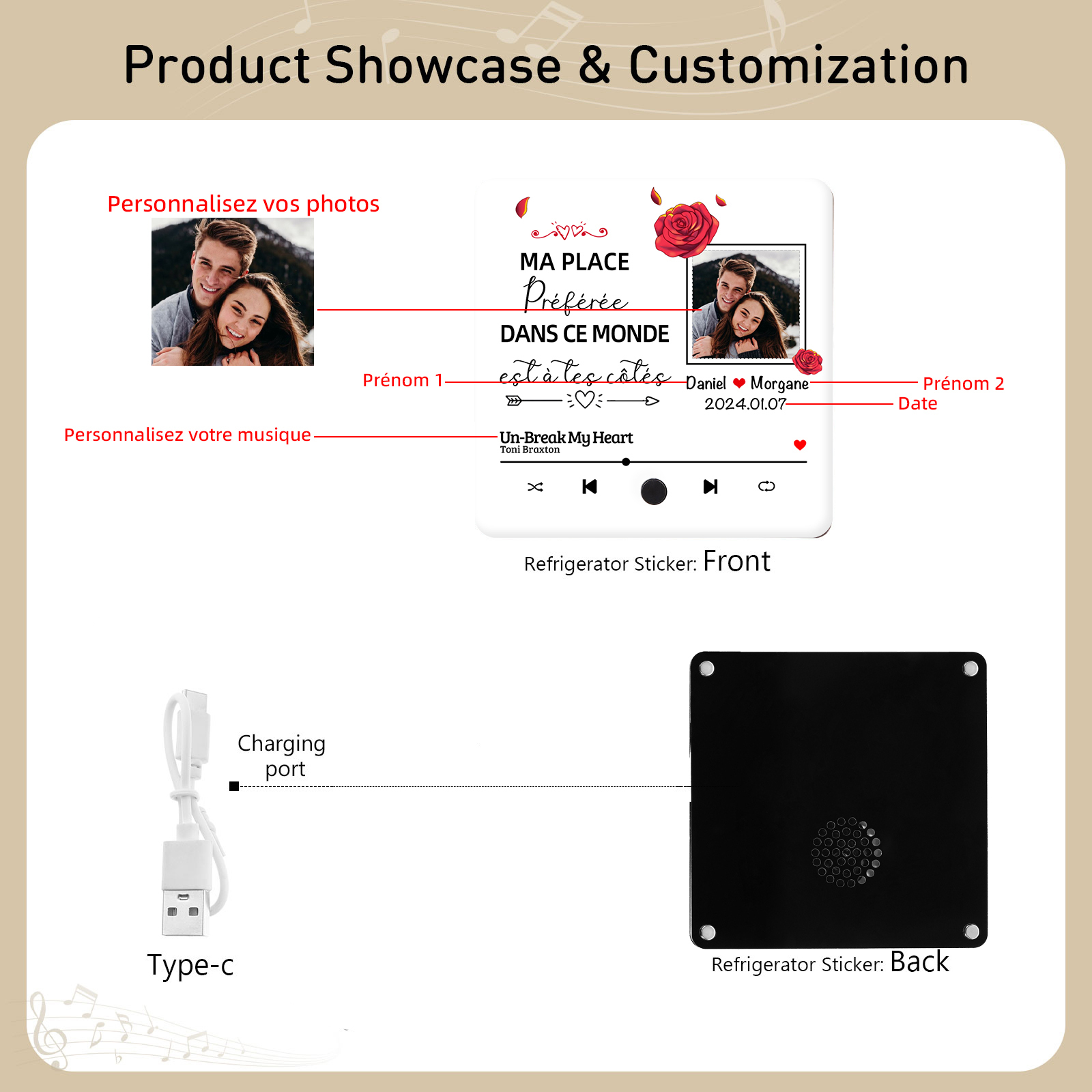 Aimant Frigo musical Personnalisé avec 2 prénoms et 1 Photo Aimant De Réfrigérateur pour Couple | Jessemade