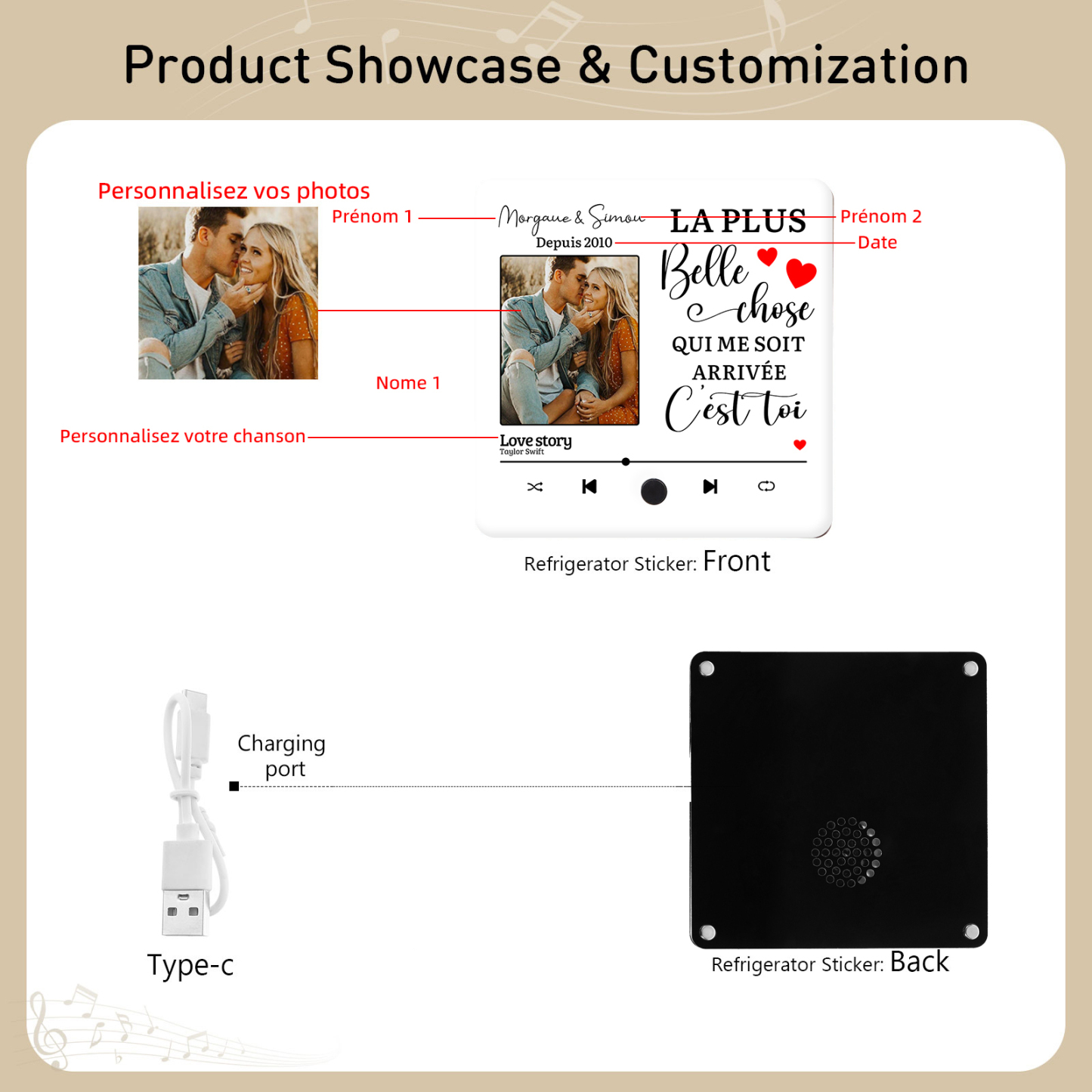 Aimant Frigo Musical Personnalisé avec Année Prénoms et Photo Aimant De Réfrigérateur pour Couple | Jessemade