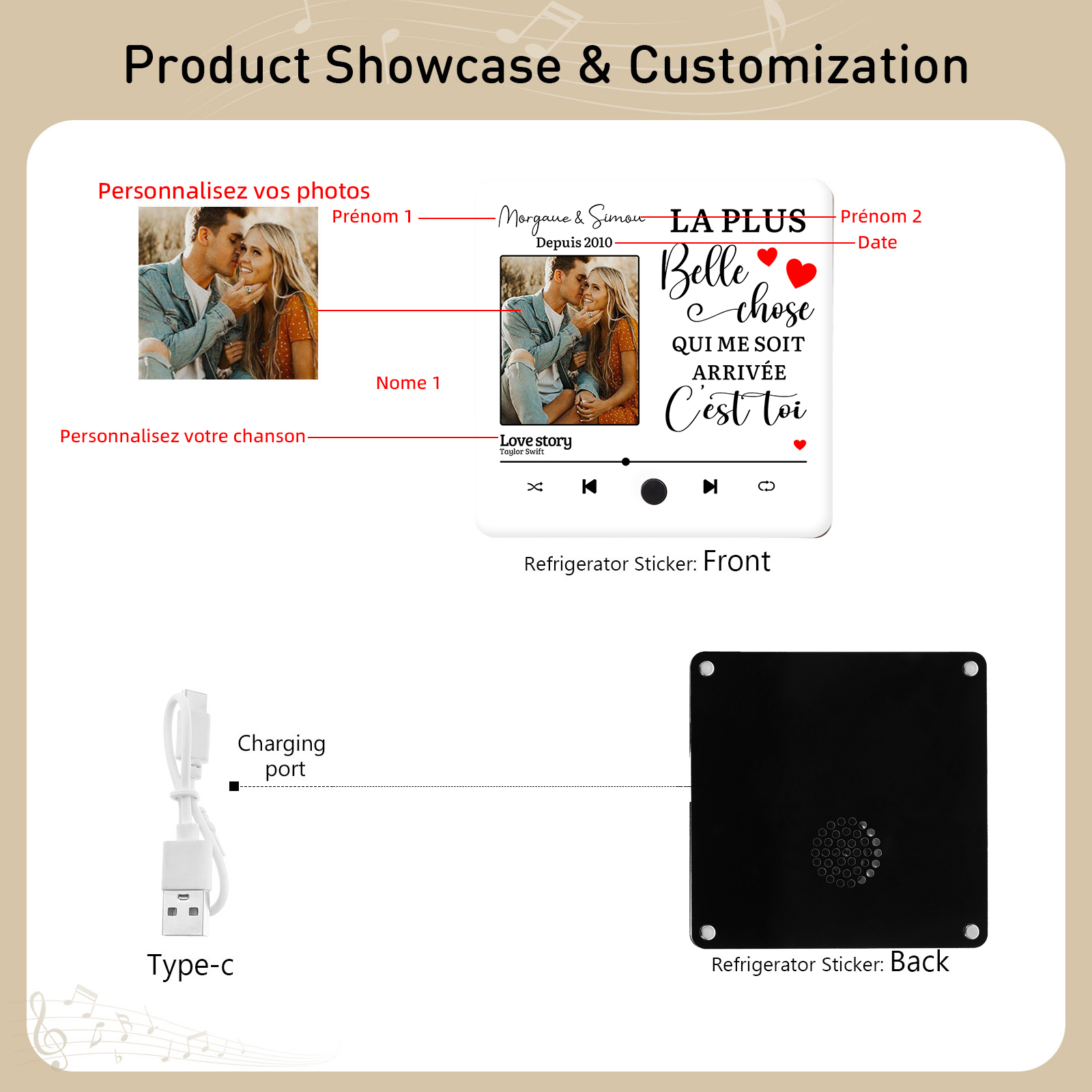 Aimant Frigo Musical Personnalisé avec Année Prénoms et Photo Aimant De Réfrigérateur pour Couple | Jessemade