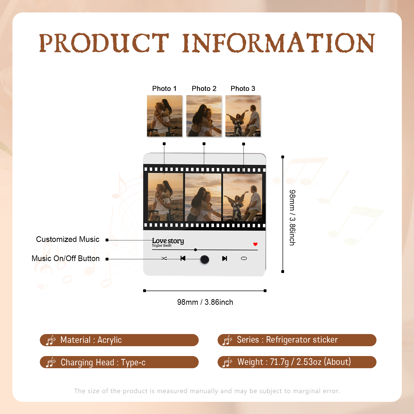 Aimant Frigo Musical Personnalisé avec 3 Photos Aimant De Réfrigérateur pour Couple | Jessemade