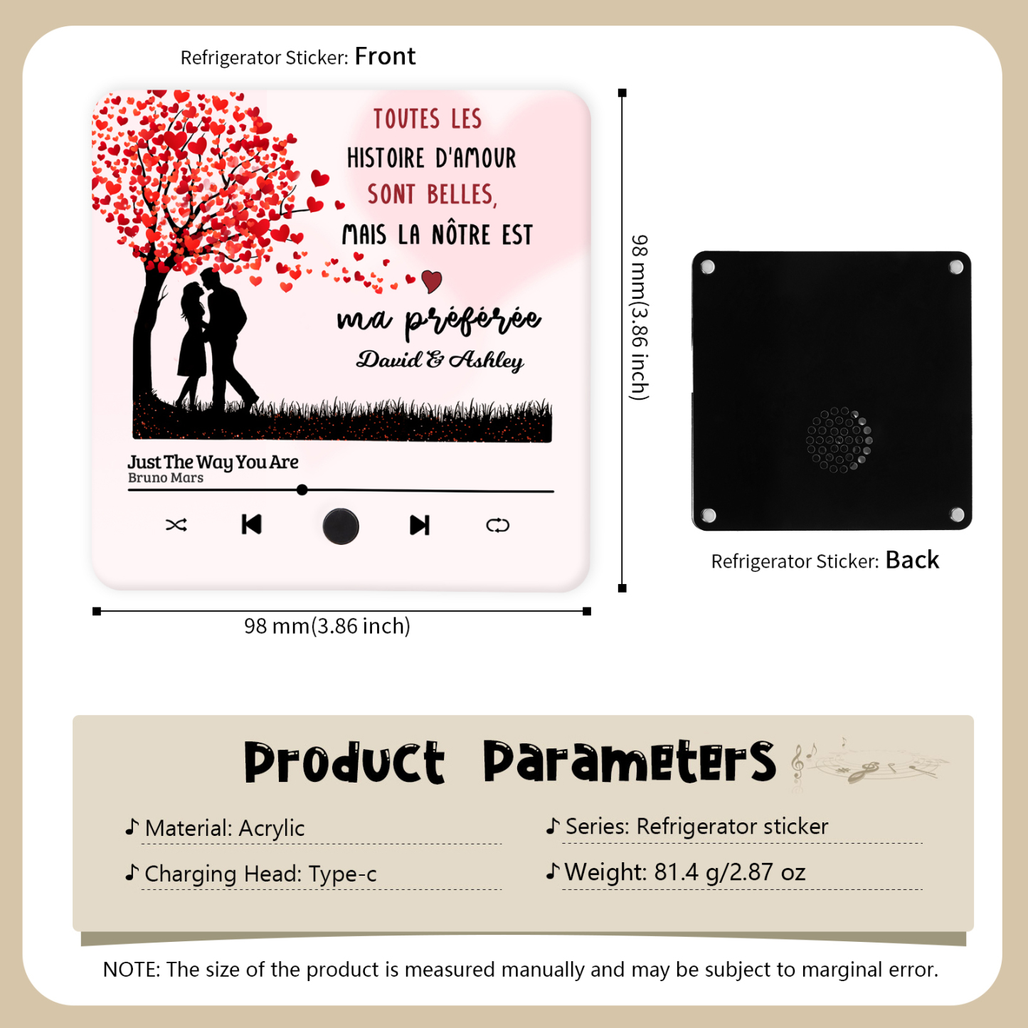 Aimant Frigo Musical Personnalisé avec 2 Prénoms Aimant De Réfrigérateur pour Couple | Jessemade