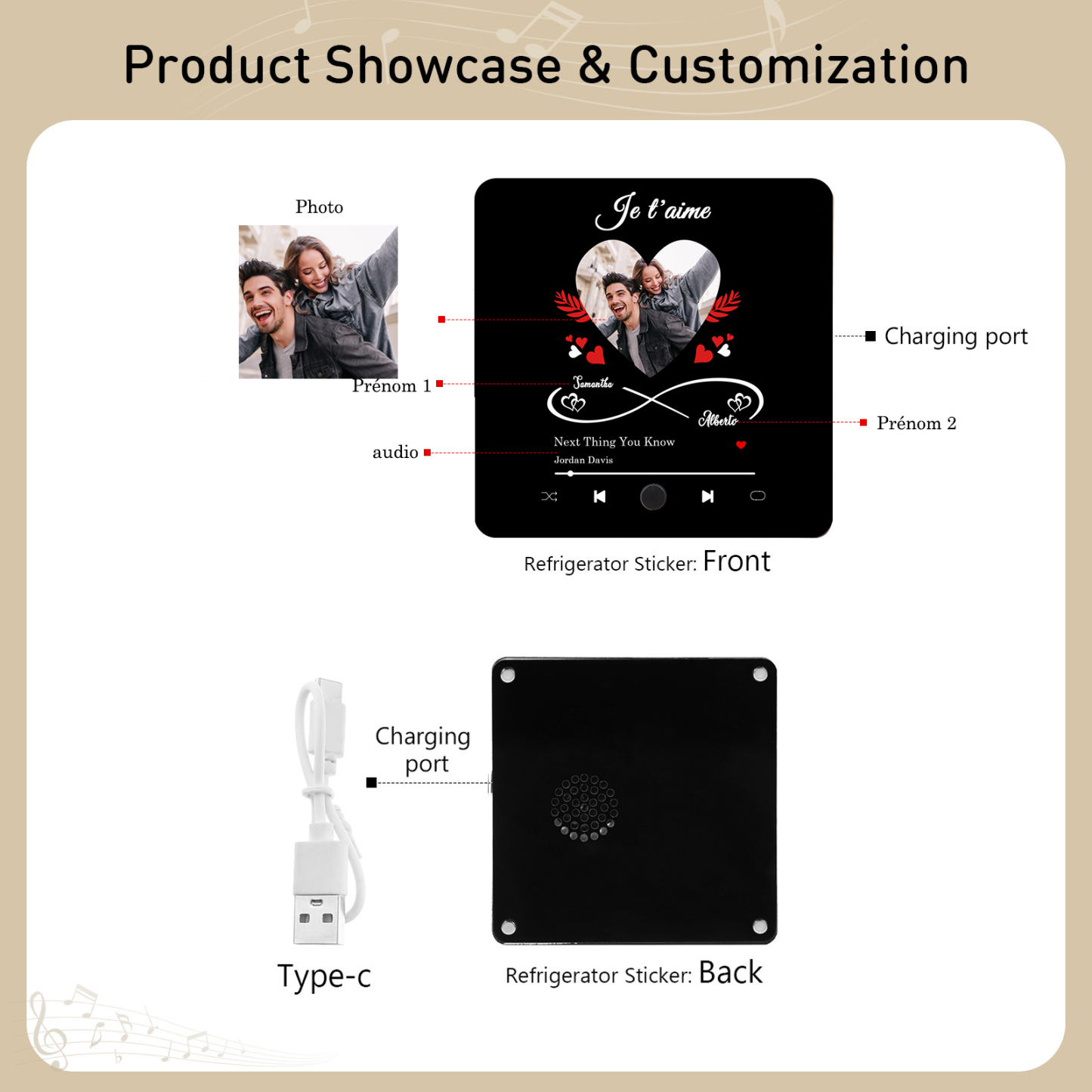 Aimant De Réfrigérateur Musical Personnalisé avec 2 Prénoms et 1 Photo Aimant Frigo pour Couple | Jessemade