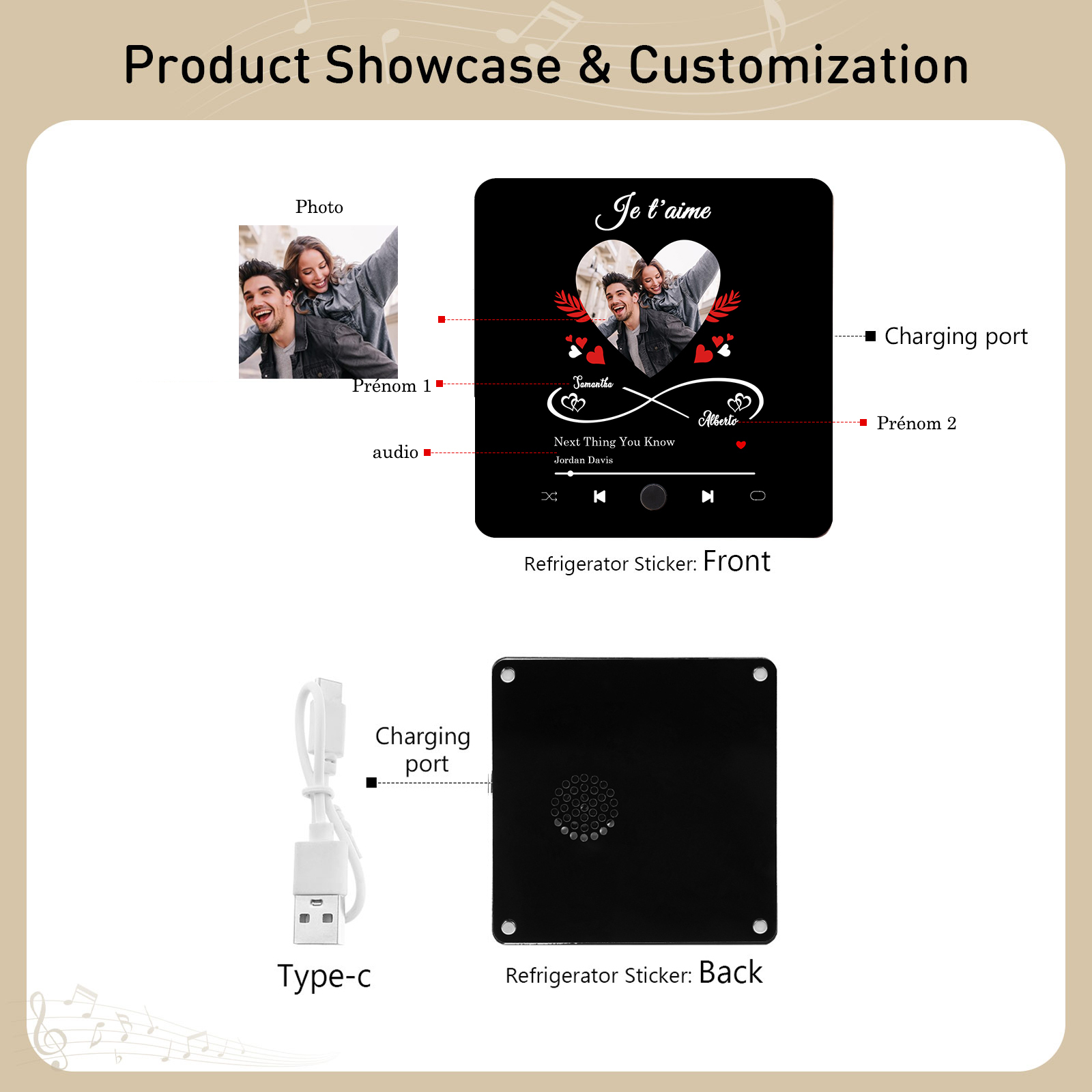 Aimant De Réfrigérateur Musical Personnalisé avec 2 Prénoms et 1 Photo Aimant Frigo pour Couple | Jessemade
