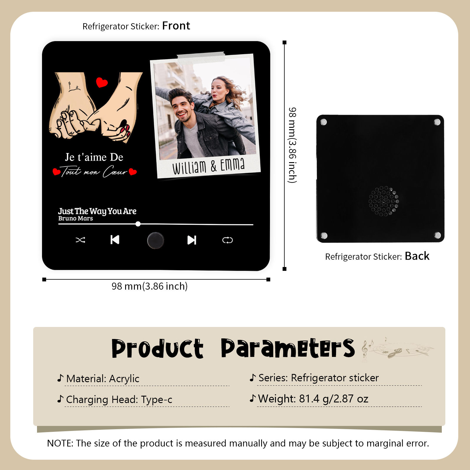 Aimant De Frigo Musical 2 Prénoms Personnalisés avec Photo Aimant De Réfrigérateur pour Couple | Jessemade