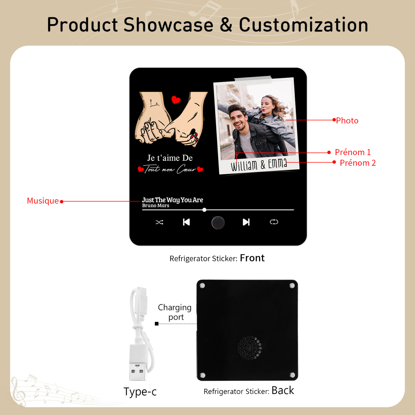 Aimant De Frigo Musical 2 Prénoms Personnalisés avec Photo Aimant De Réfrigérateur pour Couple | Jessemade