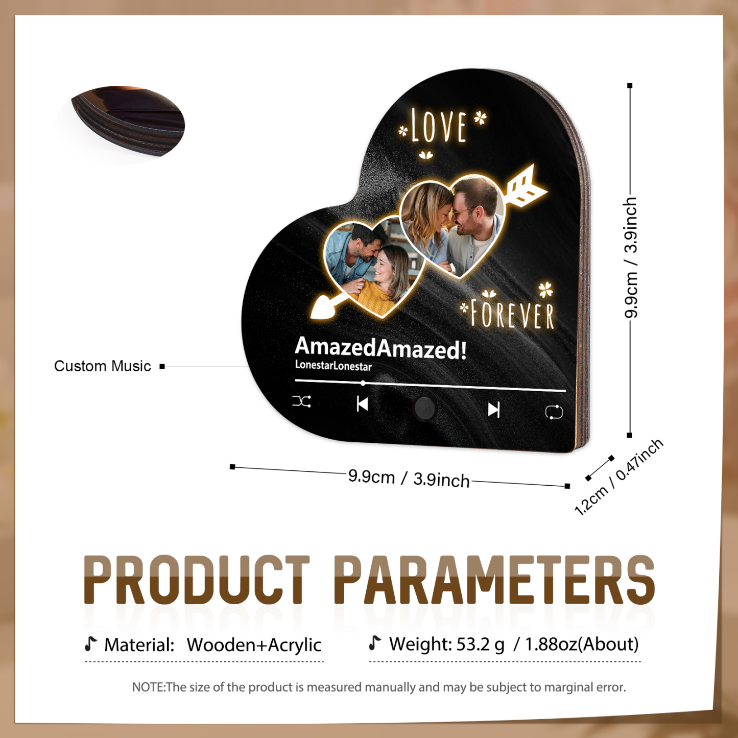 Aimant Frigo Musical en forme de Cœur Personnalisé avec 2 Photos et Textes Aimant De Réfrigérateur pour Couple | Jessemade