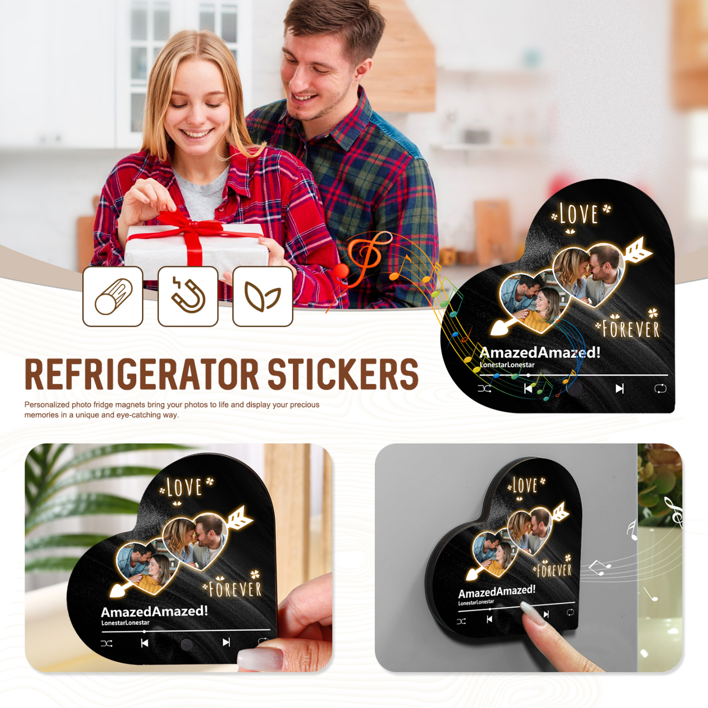 Aimant Frigo Musical en forme de Cœur Personnalisé avec 2 Photos et Textes Aimant De Réfrigérateur pour Couple | Jessemade