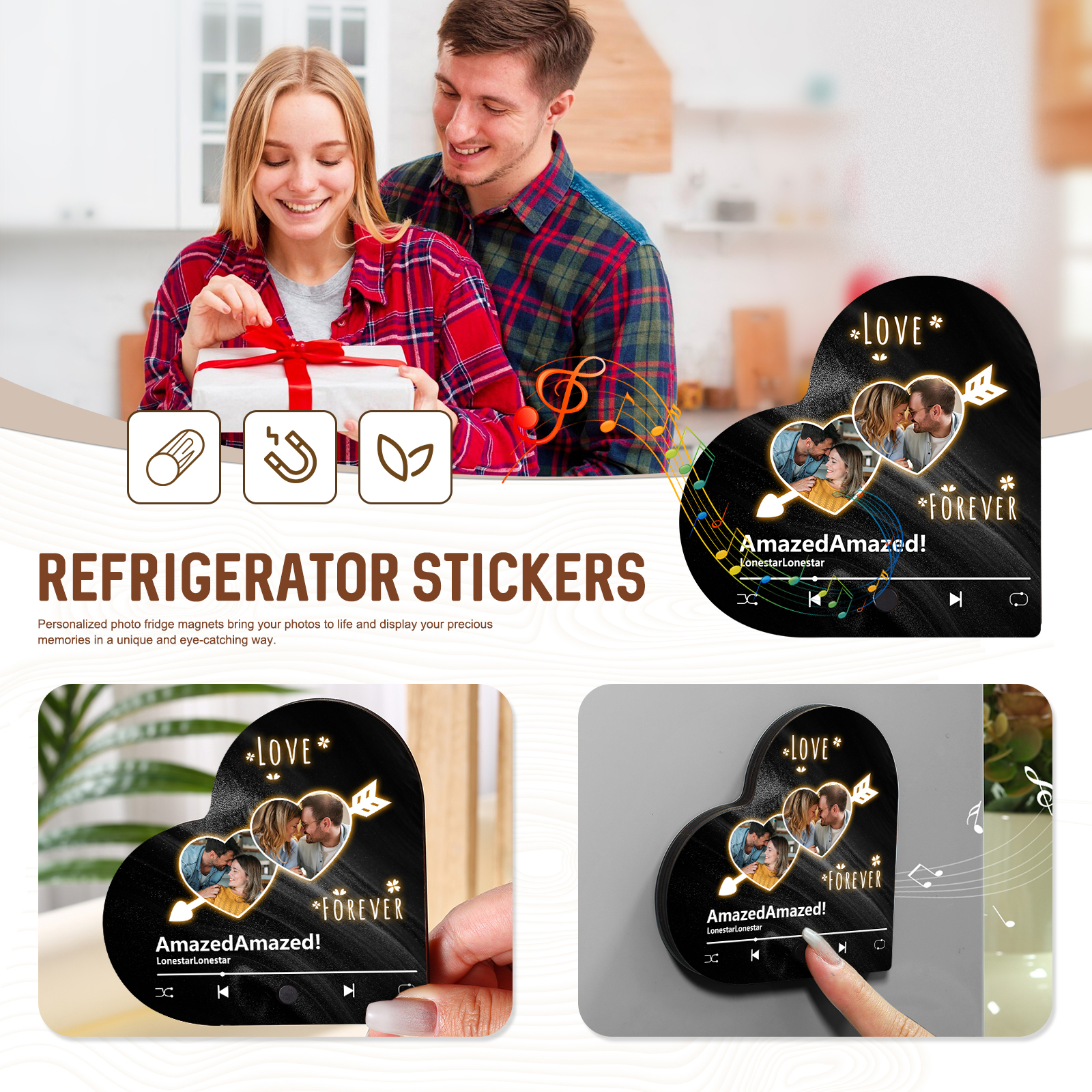 Aimant Frigo Musical en forme de Cœur Personnalisé avec 2 Photos et Textes Aimant De Réfrigérateur pour Couple | Jessemade