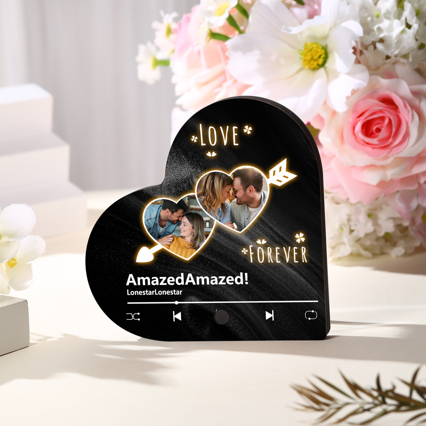 Aimant Frigo Musical en forme de Cœur Personnalisé avec 2 Photos et Textes Aimant De Réfrigérateur pour Couple | Jessemade