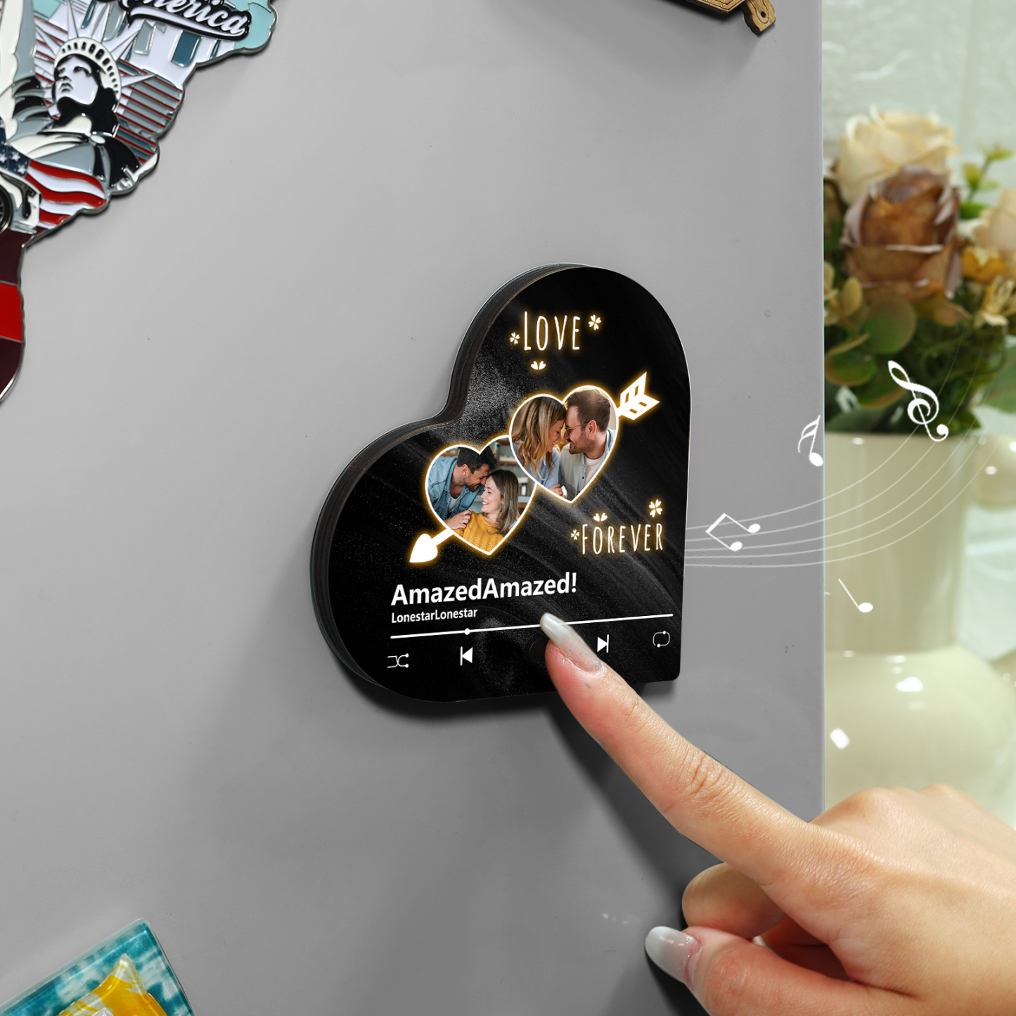 Aimant Frigo Musical en forme de Cœur Personnalisé avec 2 Photos et Textes Aimant De Réfrigérateur pour Couple | Jessemade