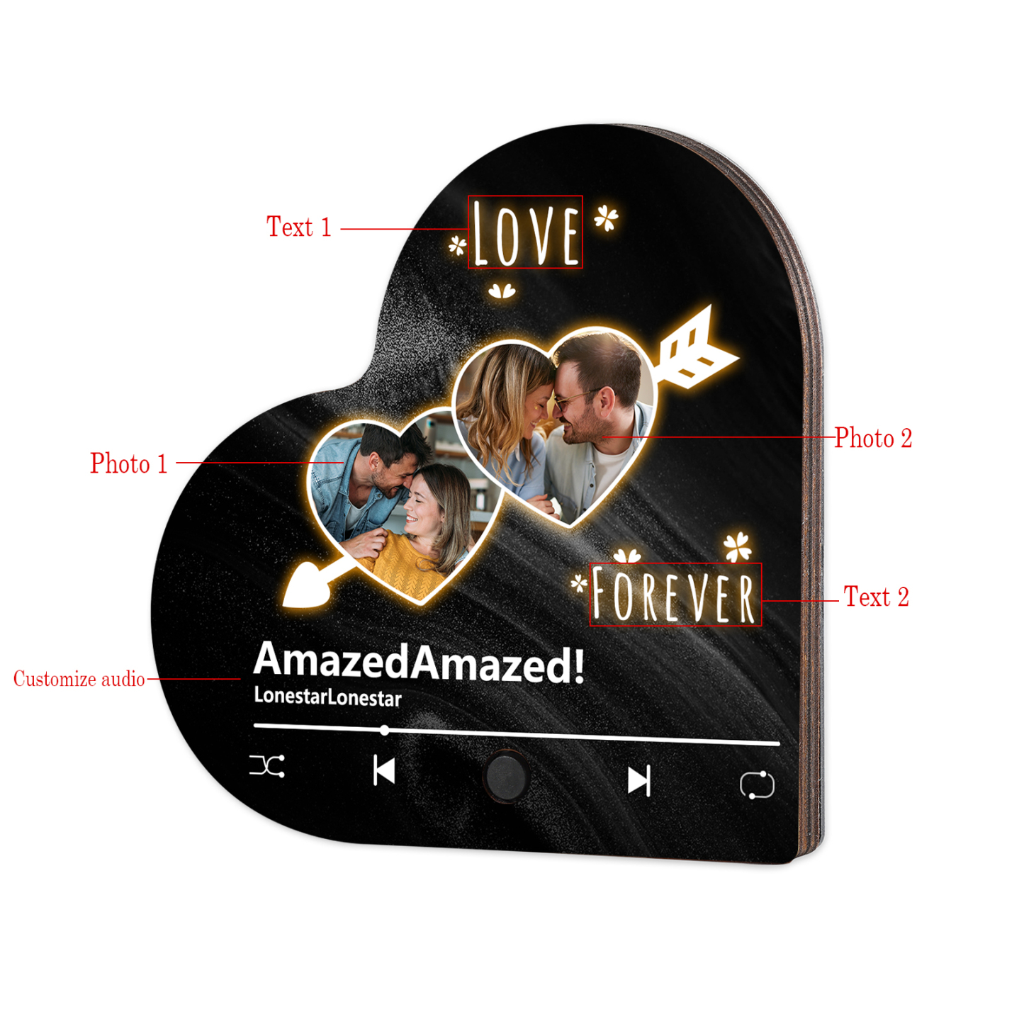 Aimant Frigo Musical en forme de Cœur Personnalisé avec 2 Photos et Textes Aimant De Réfrigérateur pour Couple | Jessemade