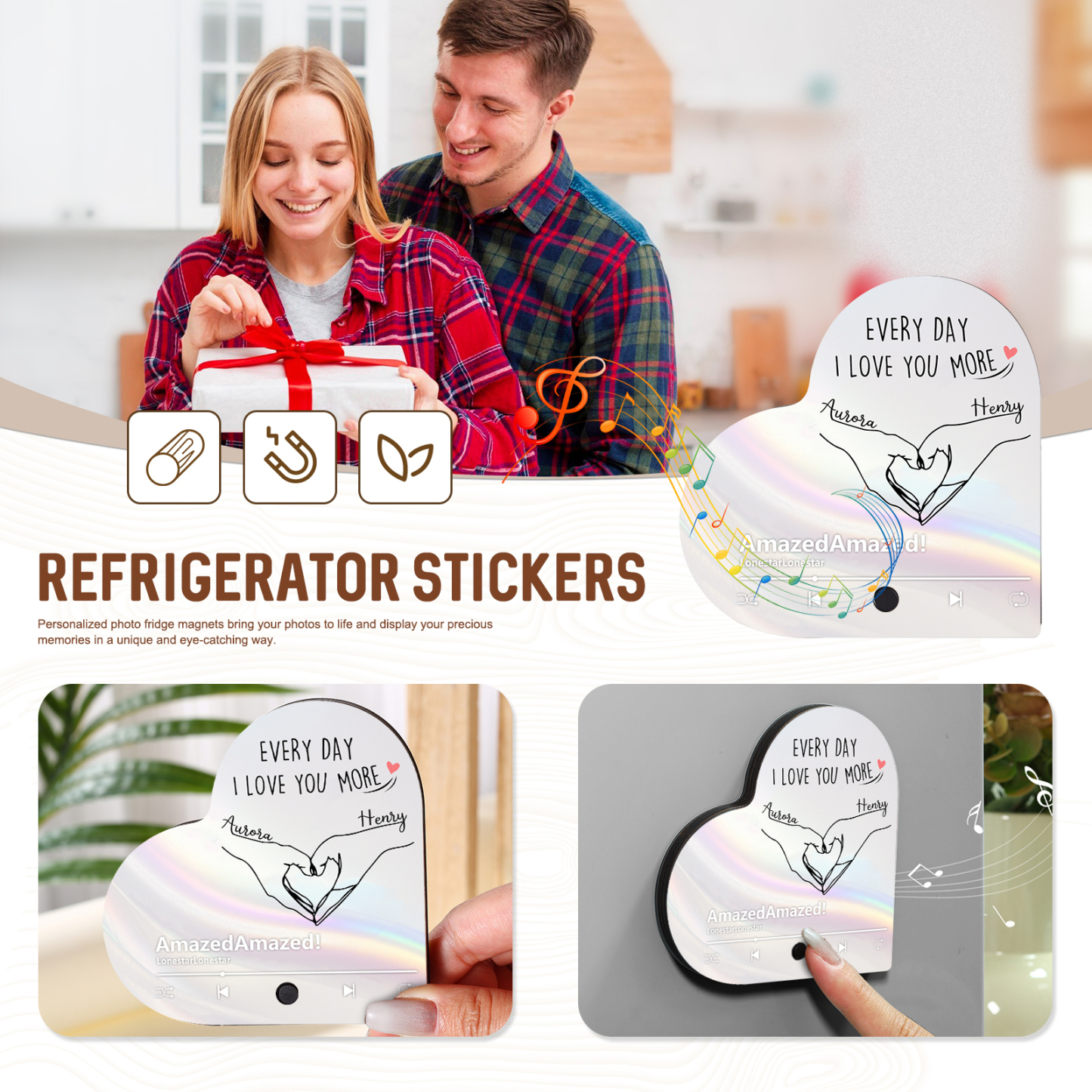 Aimant Frigo Musical en forme de Cœur Personnalisé avec 2 Prénoms et Texte Aimant De Réfrigérateur pour Couple | Jessemade
