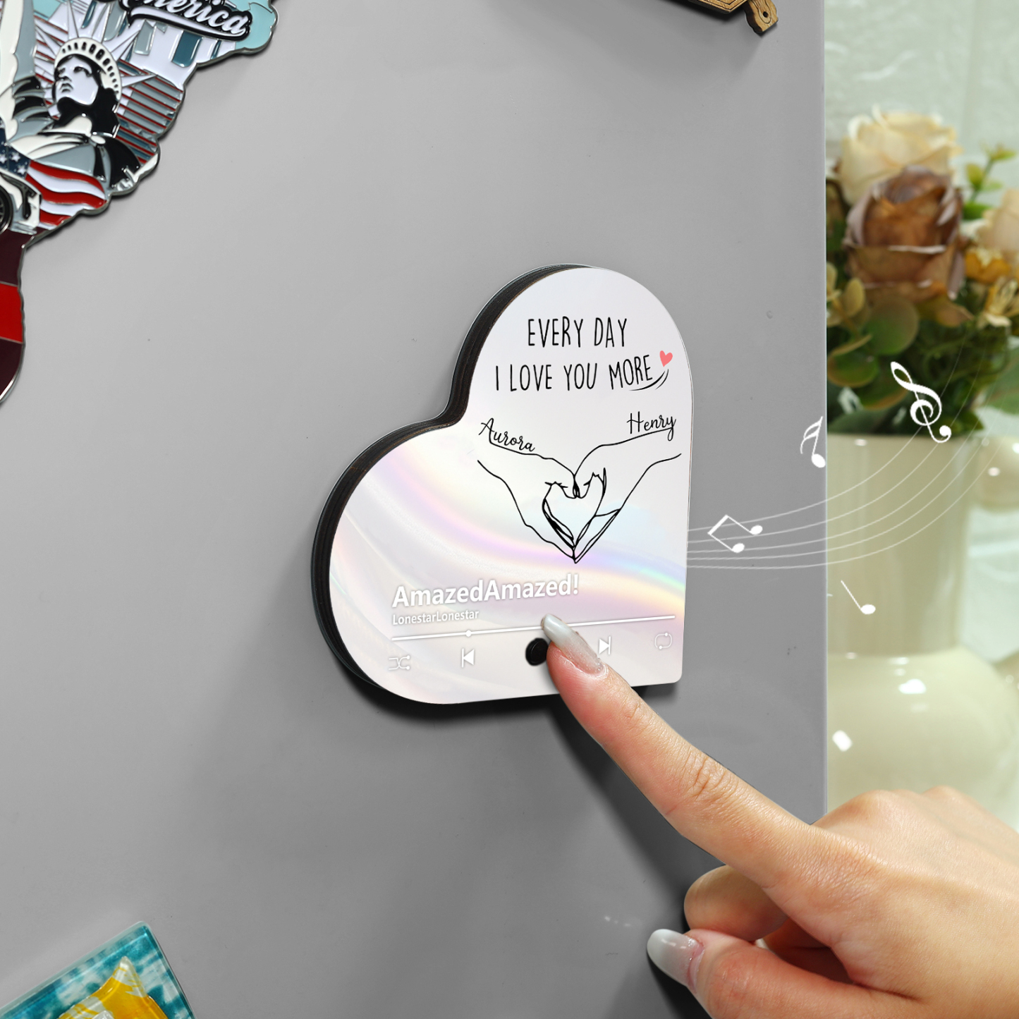 Aimant Frigo Musical en forme de Cœur Personnalisé avec 2 Prénoms et Texte Aimant De Réfrigérateur pour Couple | Jessemade