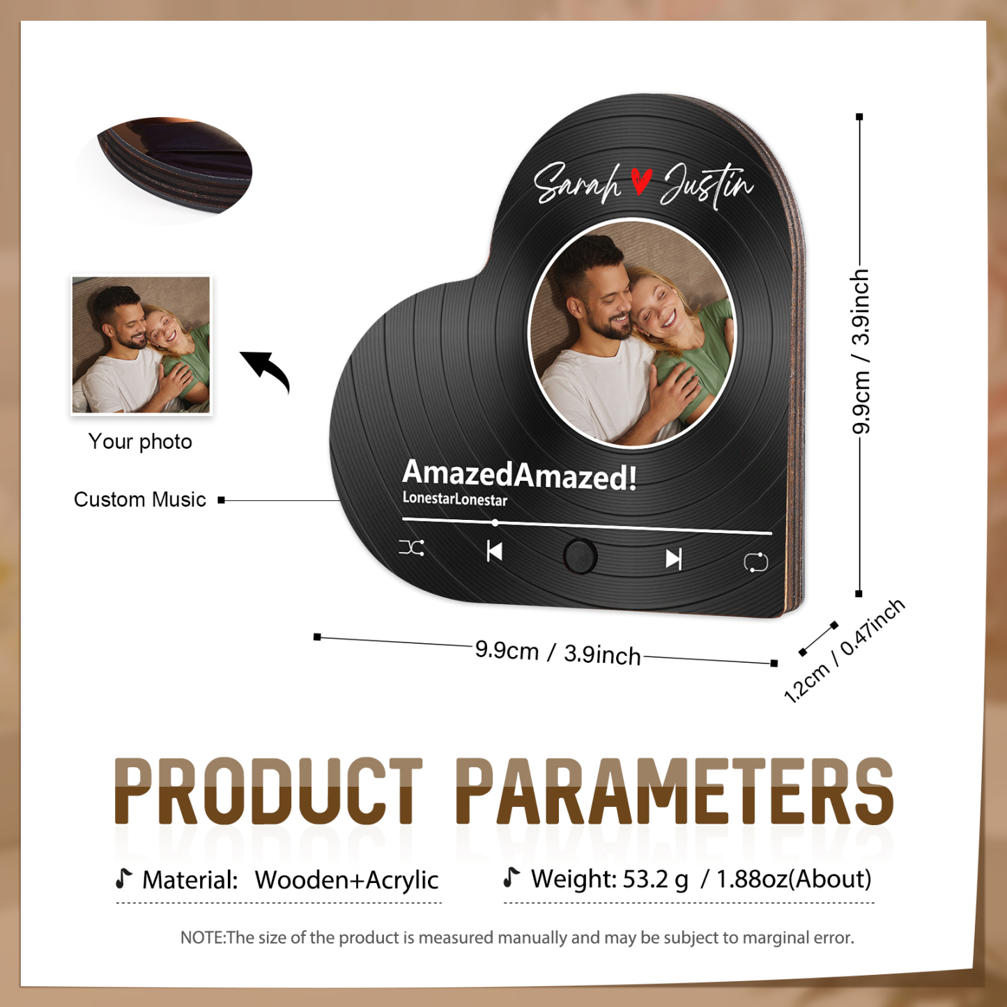Aimant Frigo Musical en forme de Cœur Personnalisé avec 2 Prénoms et 1 Photo Aimant De Réfrigérateur pour Couple | Jessemade