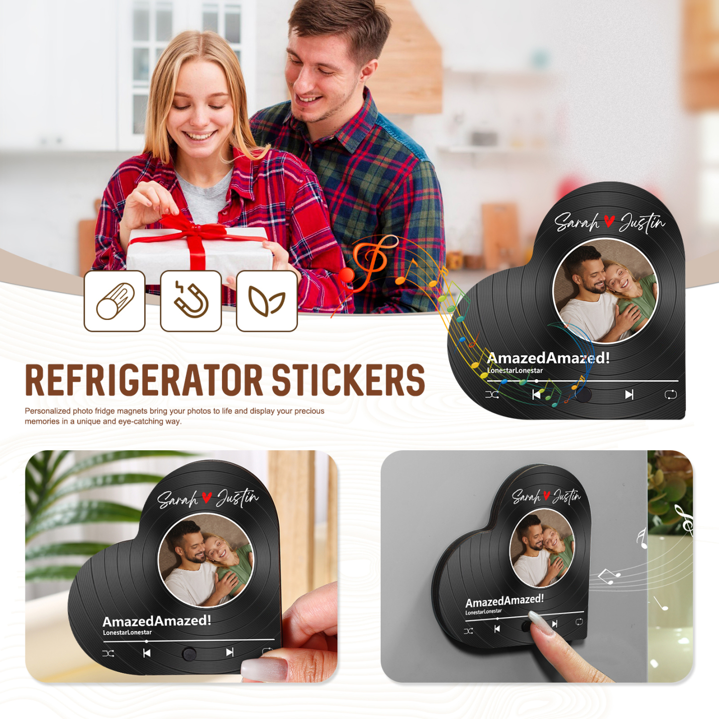 Aimant Frigo Musical en forme de Cœur Personnalisé avec 2 Prénoms et 1 Photo Aimant De Réfrigérateur pour Couple | Jessemade