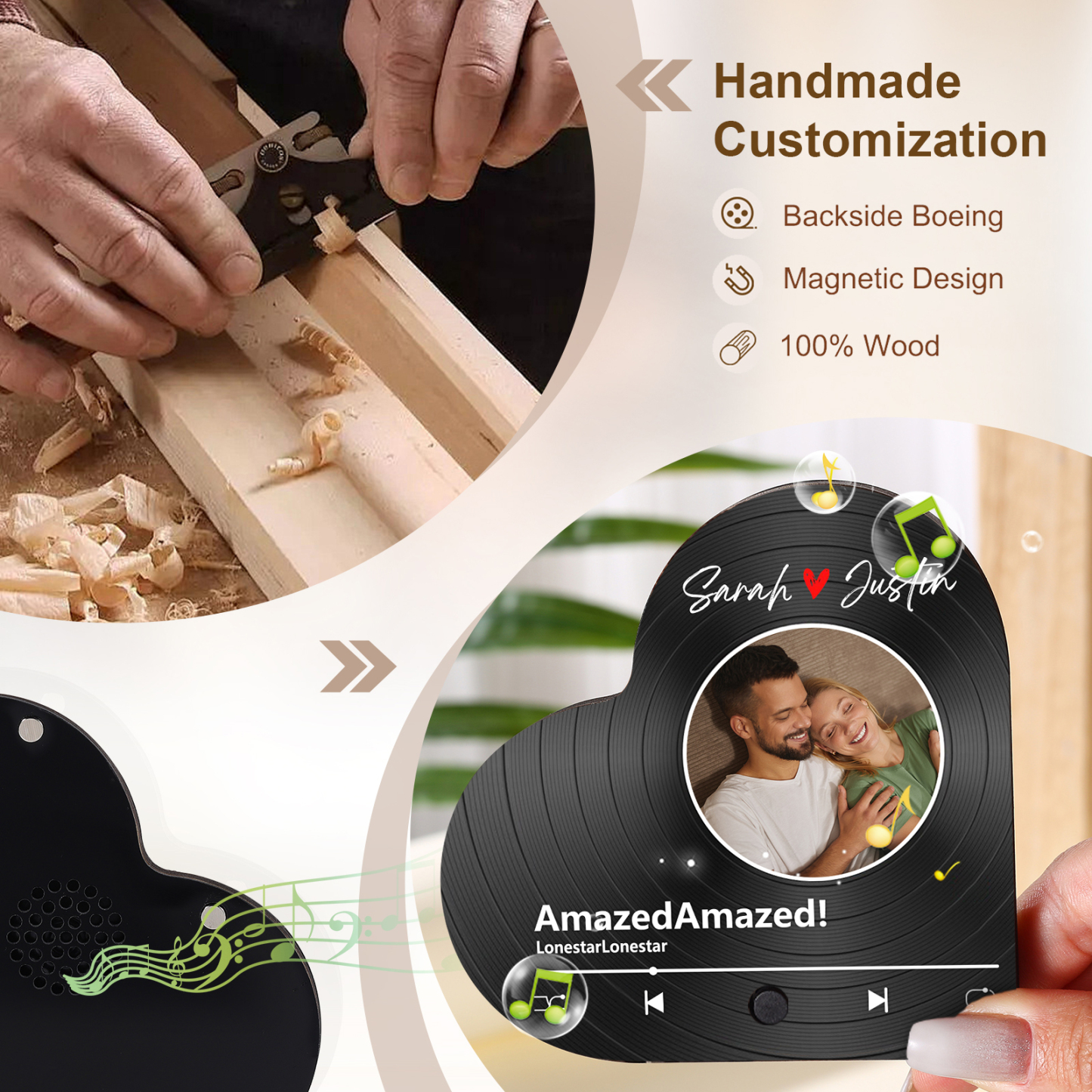 Aimant Frigo Musical en forme de Cœur Personnalisé avec 2 Prénoms et 1 Photo Aimant De Réfrigérateur pour Couple | Jessemade
