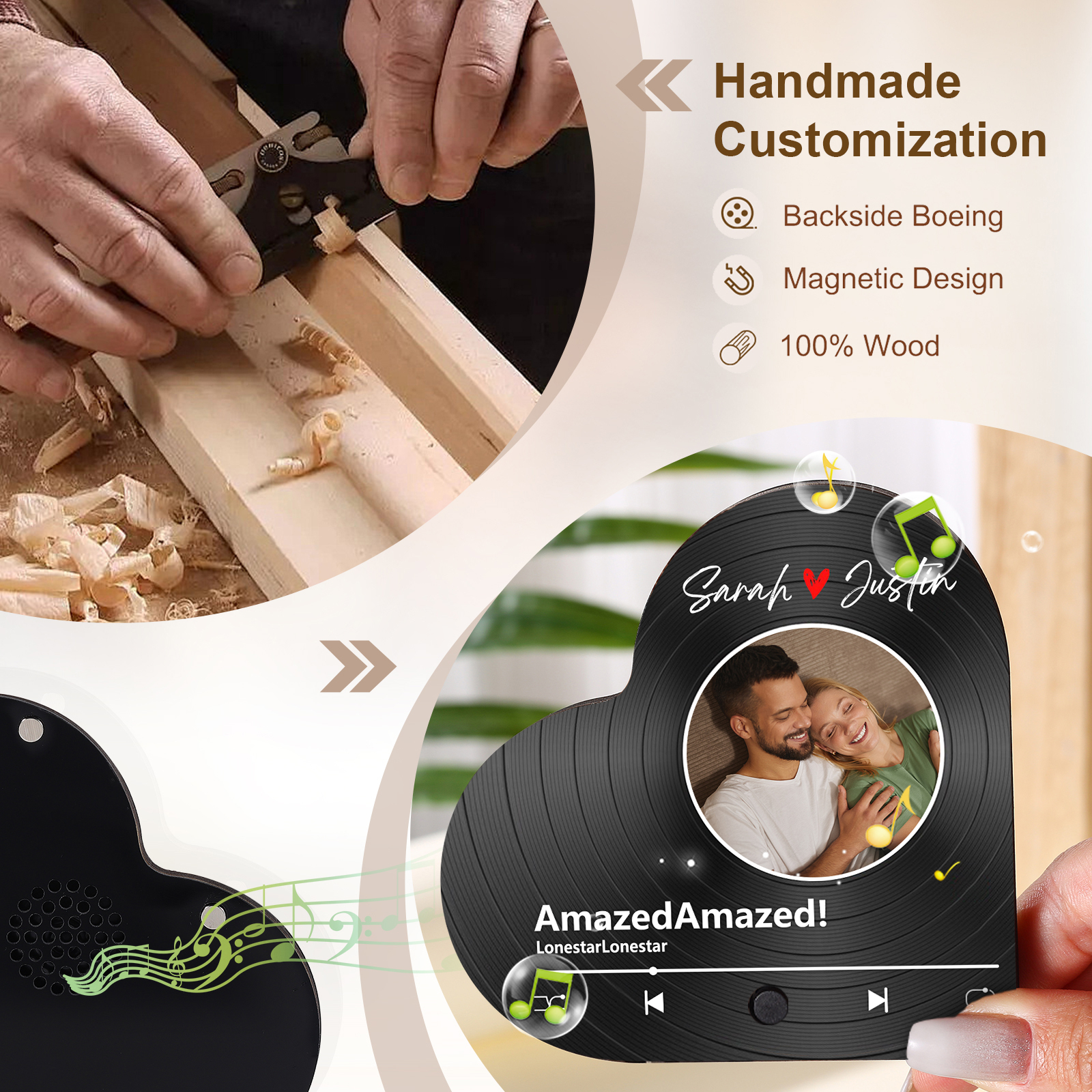Aimant Frigo Musical en forme de Cœur Personnalisé avec 2 Prénoms et 1 Photo Aimant De Réfrigérateur pour Couple | Jessemade