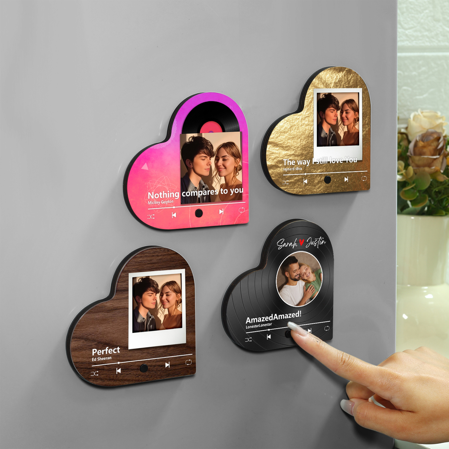 Aimant Frigo Musical en forme de Cœur Personnalisé avec 2 Prénoms et 1 Photo Aimant De Réfrigérateur pour Couple | Jessemade