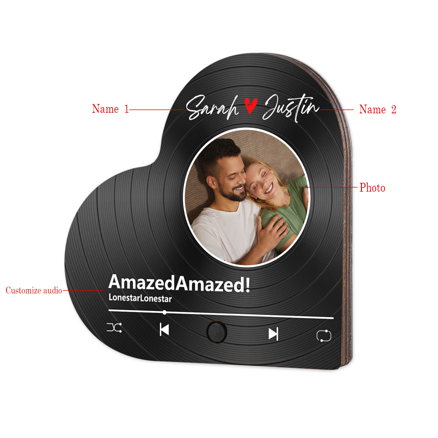 Aimant Frigo Musical en forme de Cœur Personnalisé avec 2 Prénoms et 1 Photo Aimant De Réfrigérateur pour Couple | Jessemade