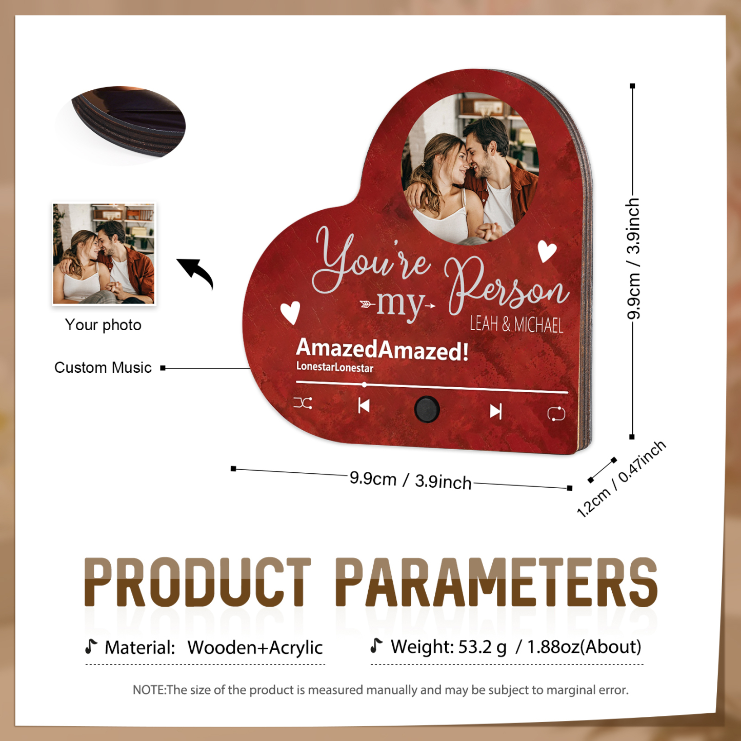 Aimant Frigo Musical en forme de Cœur Personnalisé avec 2 Prénoms Texte et Photo Aimant De Réfrigérateur pour Couple | Jessemade