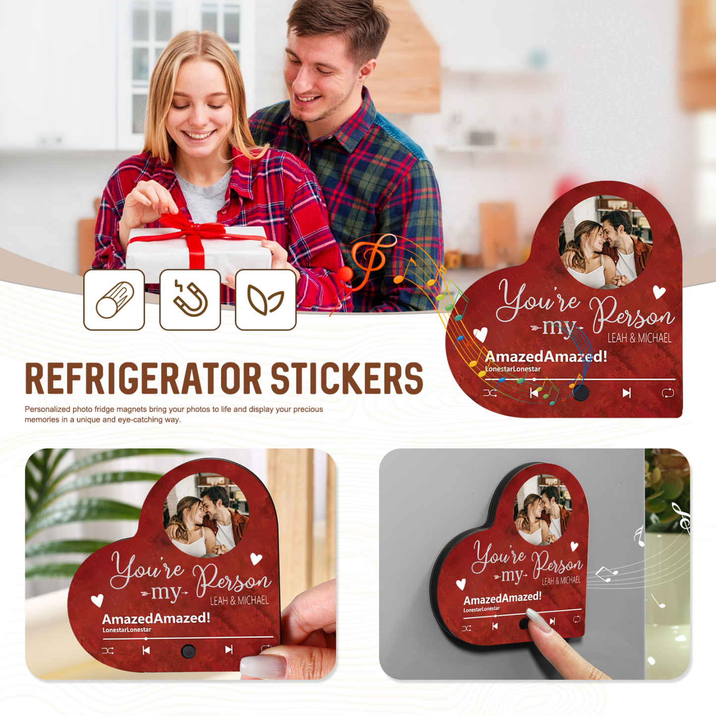 Aimant Frigo Musical en forme de Cœur Personnalisé avec 2 Prénoms Texte et Photo Aimant De Réfrigérateur pour Couple | Jessemade