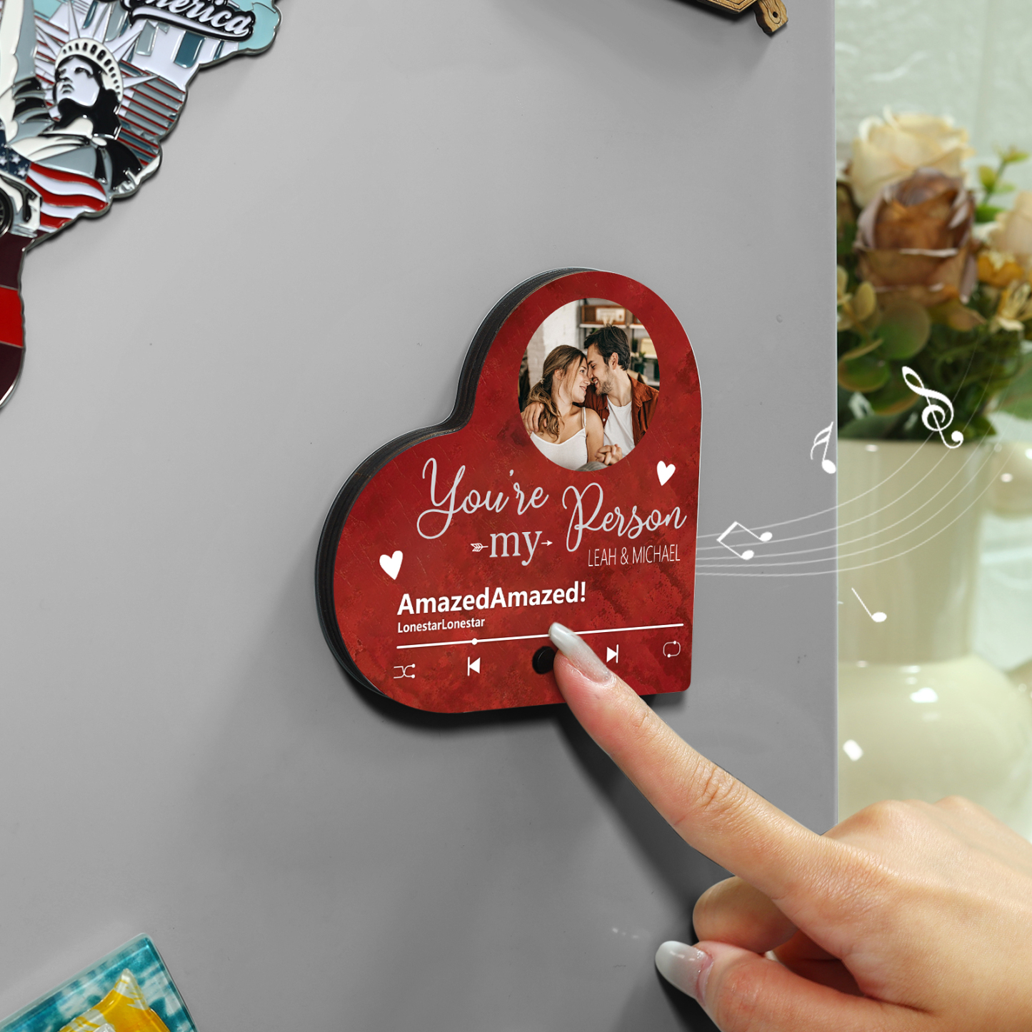 Aimant Frigo Musical en forme de Cœur Personnalisé avec 2 Prénoms Texte et Photo Aimant De Réfrigérateur pour Couple | Jessemade