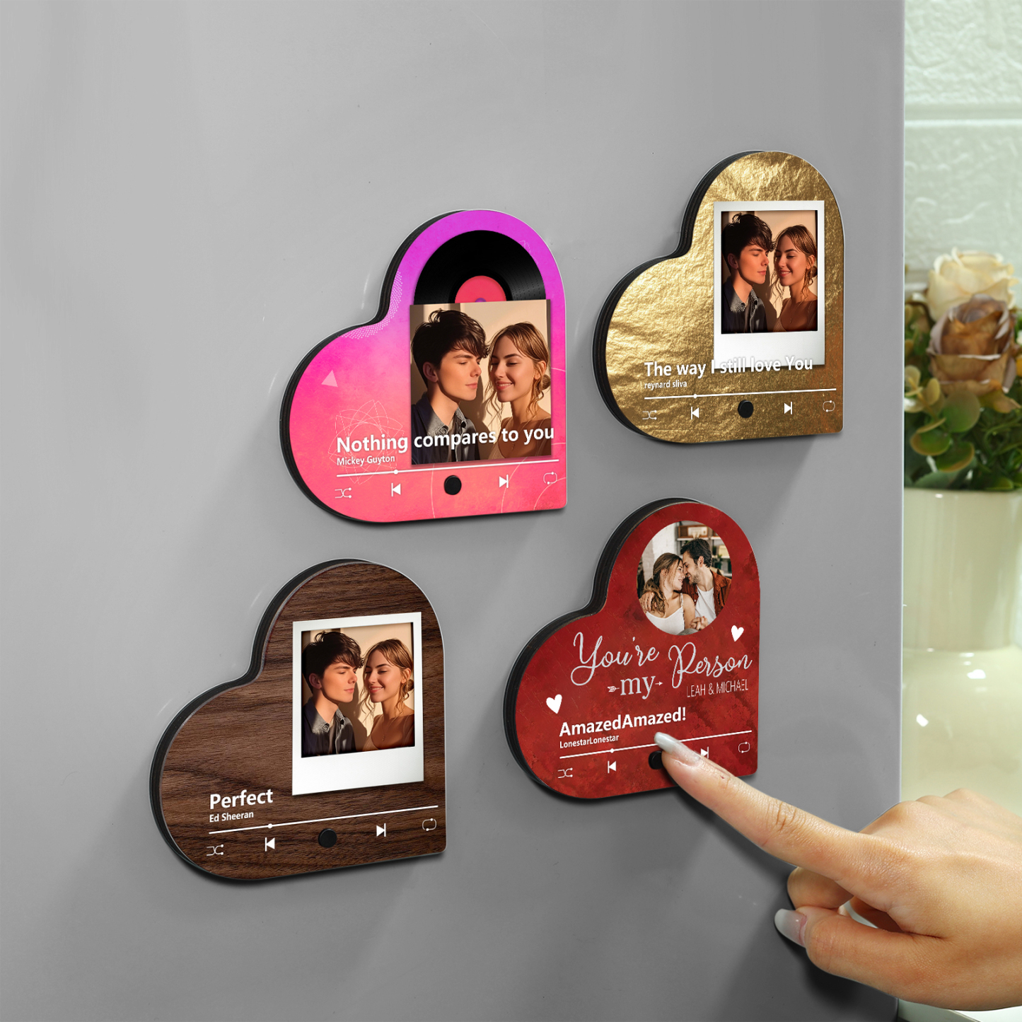 Aimant Frigo Musical en forme de Cœur Personnalisé avec 2 Prénoms Texte et Photo Aimant De Réfrigérateur pour Couple | Jessemade