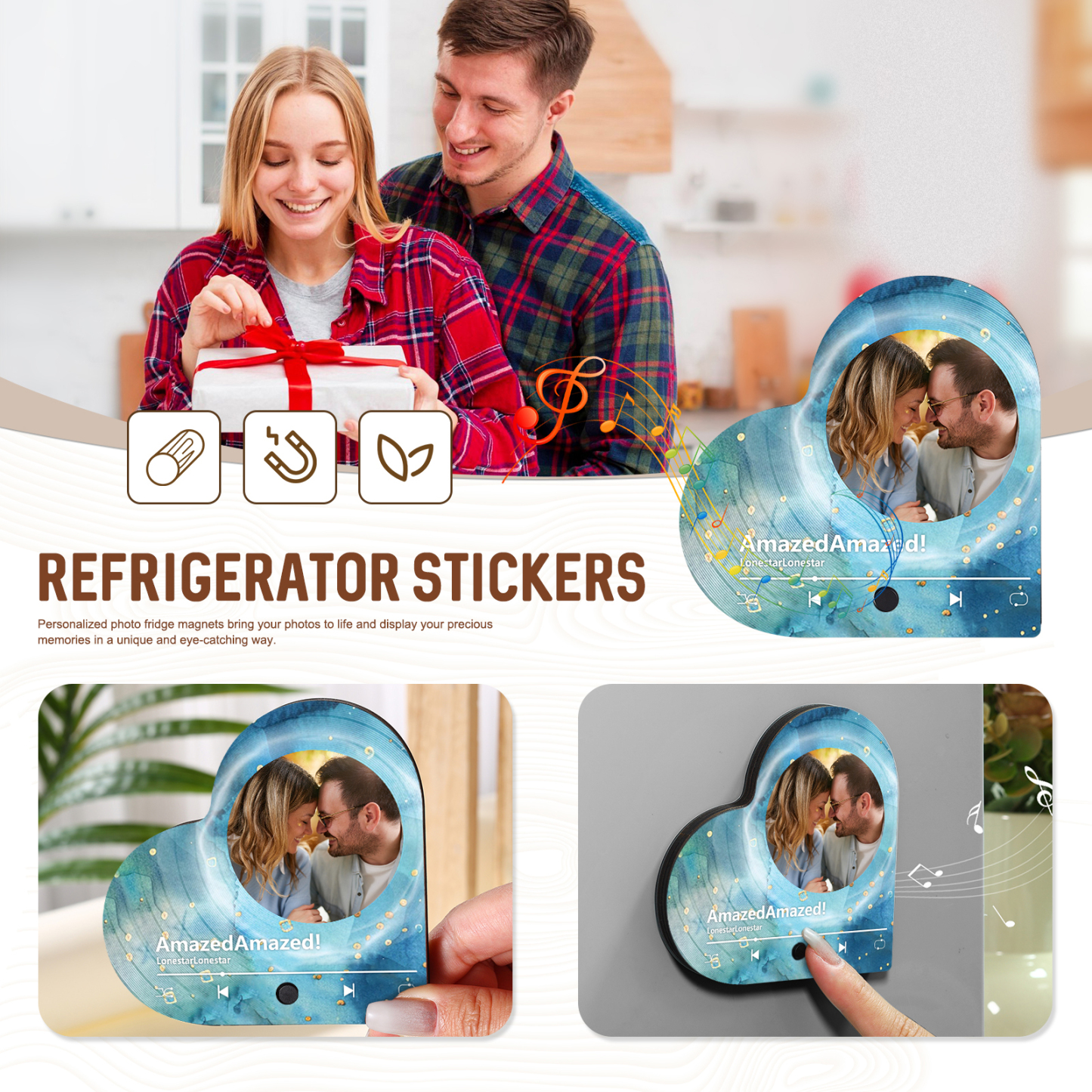 Aimant Frigo Musical en forme de Cœur Personnalisé avec Photo Aimant De Réfrigérateur pour Couple | Jessemade