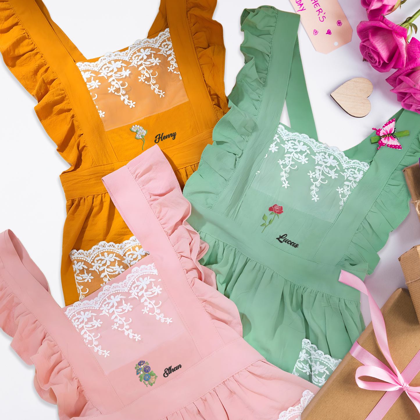 Tablier Personnalisé avec 1 Prénom et Fleur de Naissance Cadeau pour Maman/Mamie | Jessemade