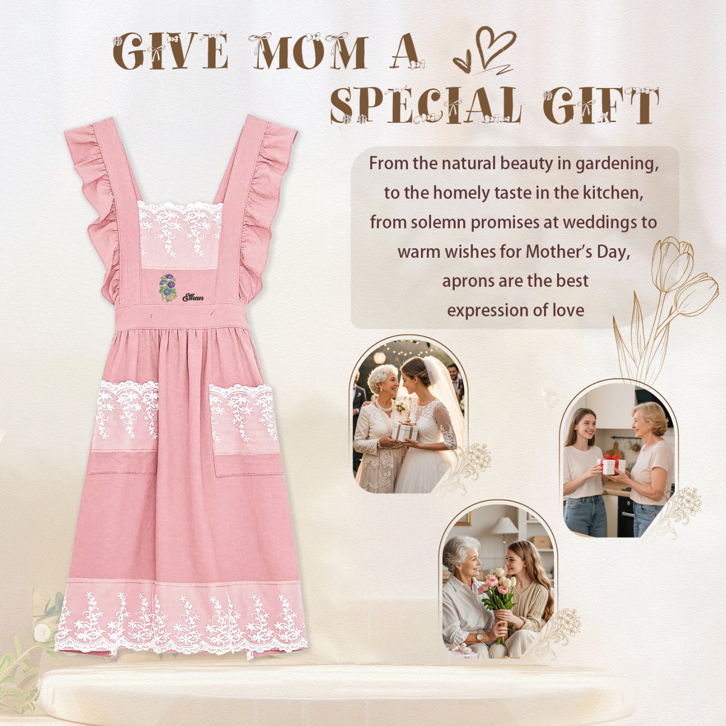 Tablier Personnalisé avec 1 Prénom et Fleur de Naissance Cadeau pour Maman/Mamie | Jessemade