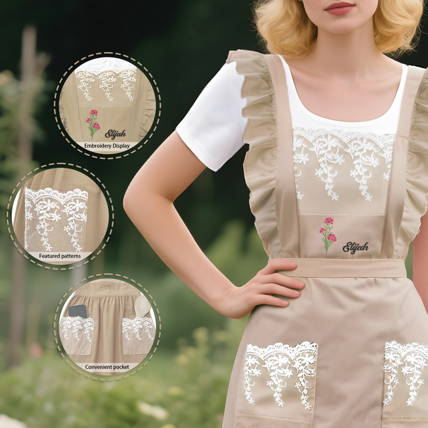 Tablier Personnalisé avec 1 Prénom et Fleur de Naissance Cadeau pour Maman/Mamie | Jessemade