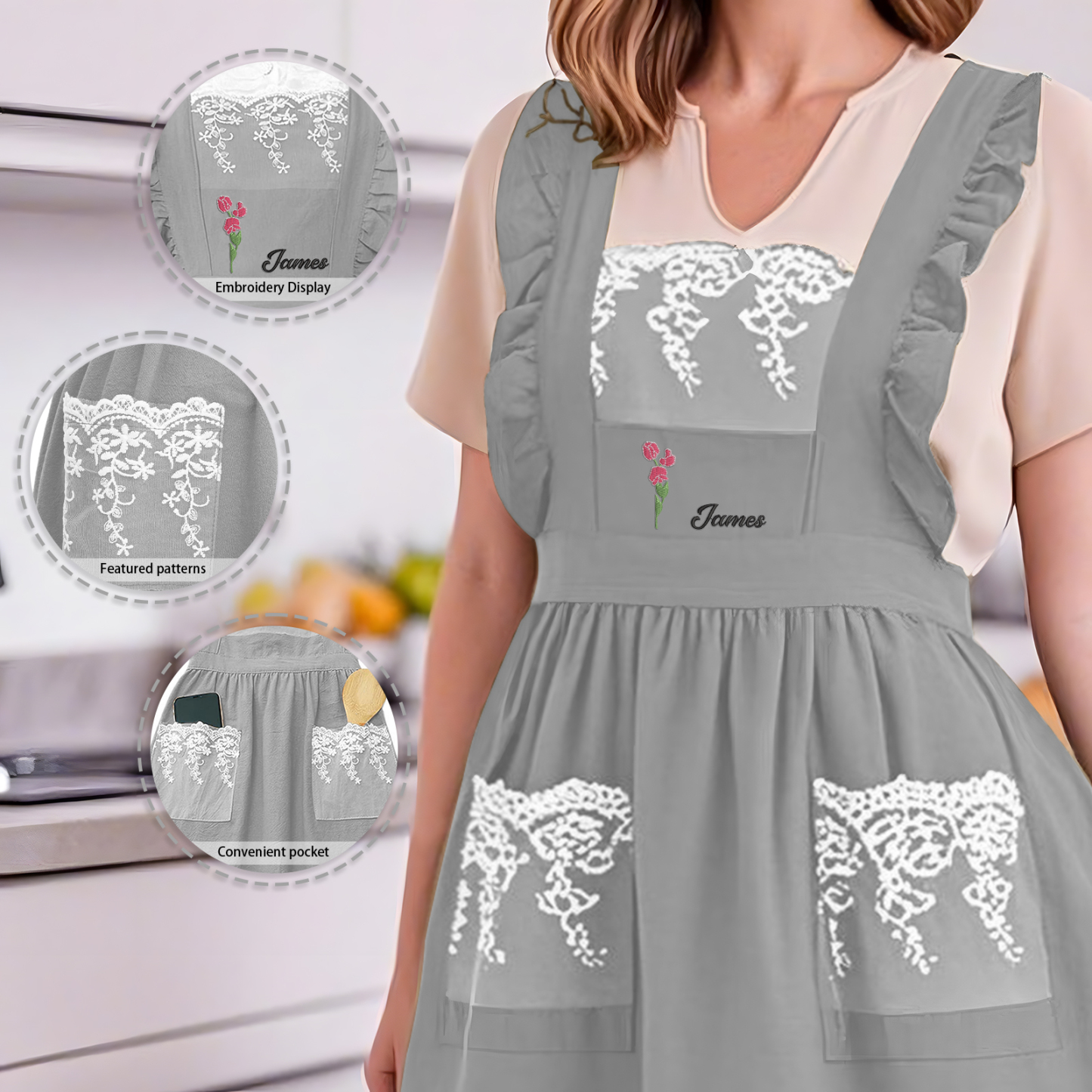 Tablier Personnalisé avec 1 Prénom et Fleur de Naissance Cadeau pour Maman/Mamie | Jessemade