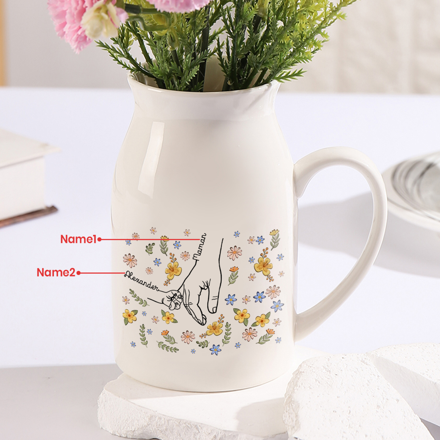 Vase Personnalisé en Céramique avec 2-7 Prénoms – Cadeau fleuri et symbolique pour Maman/Mamie | Jessemade