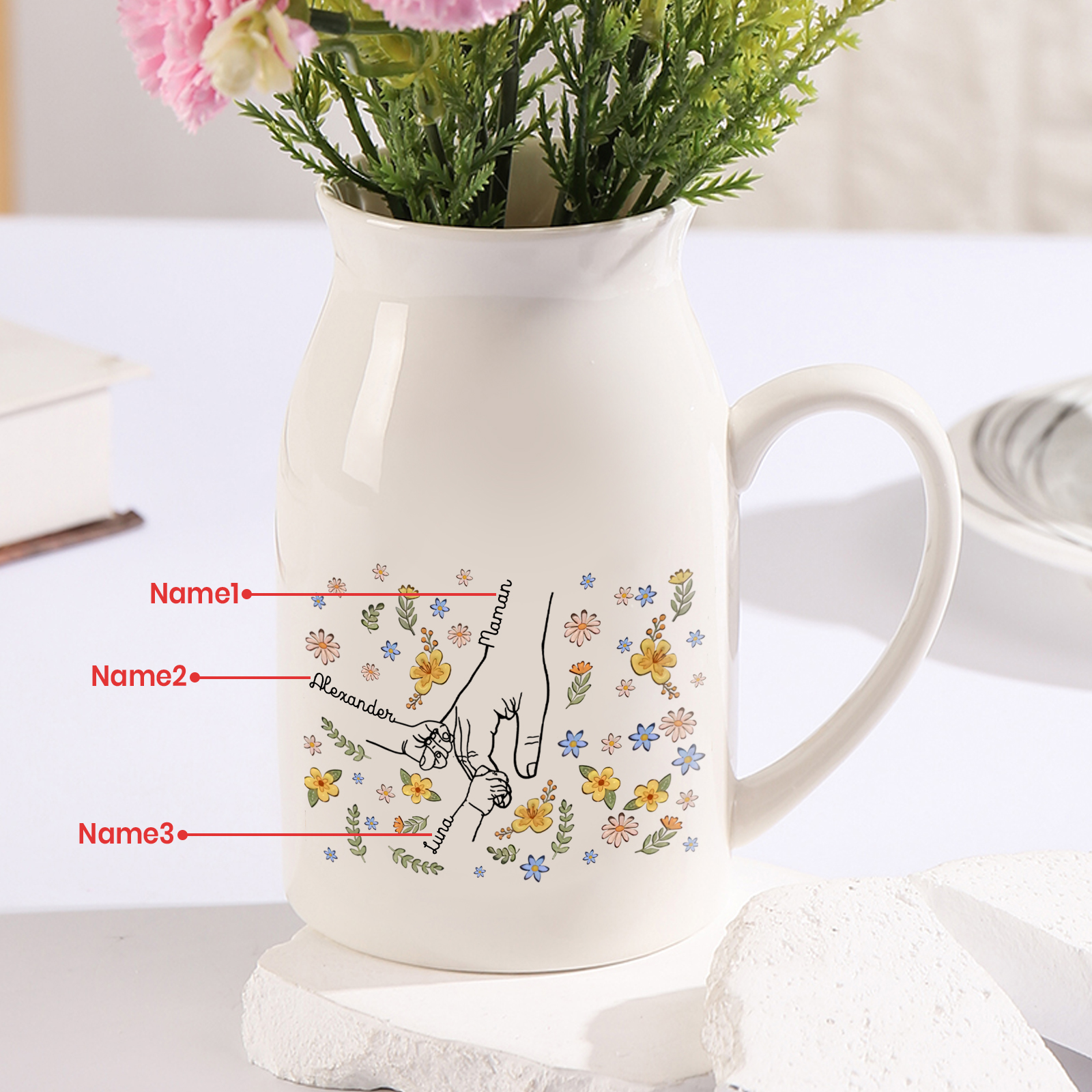 Vase Personnalisé en Céramique avec 2-7 Prénoms – Cadeau fleuri et symbolique pour Maman/Mamie | Jessemade
