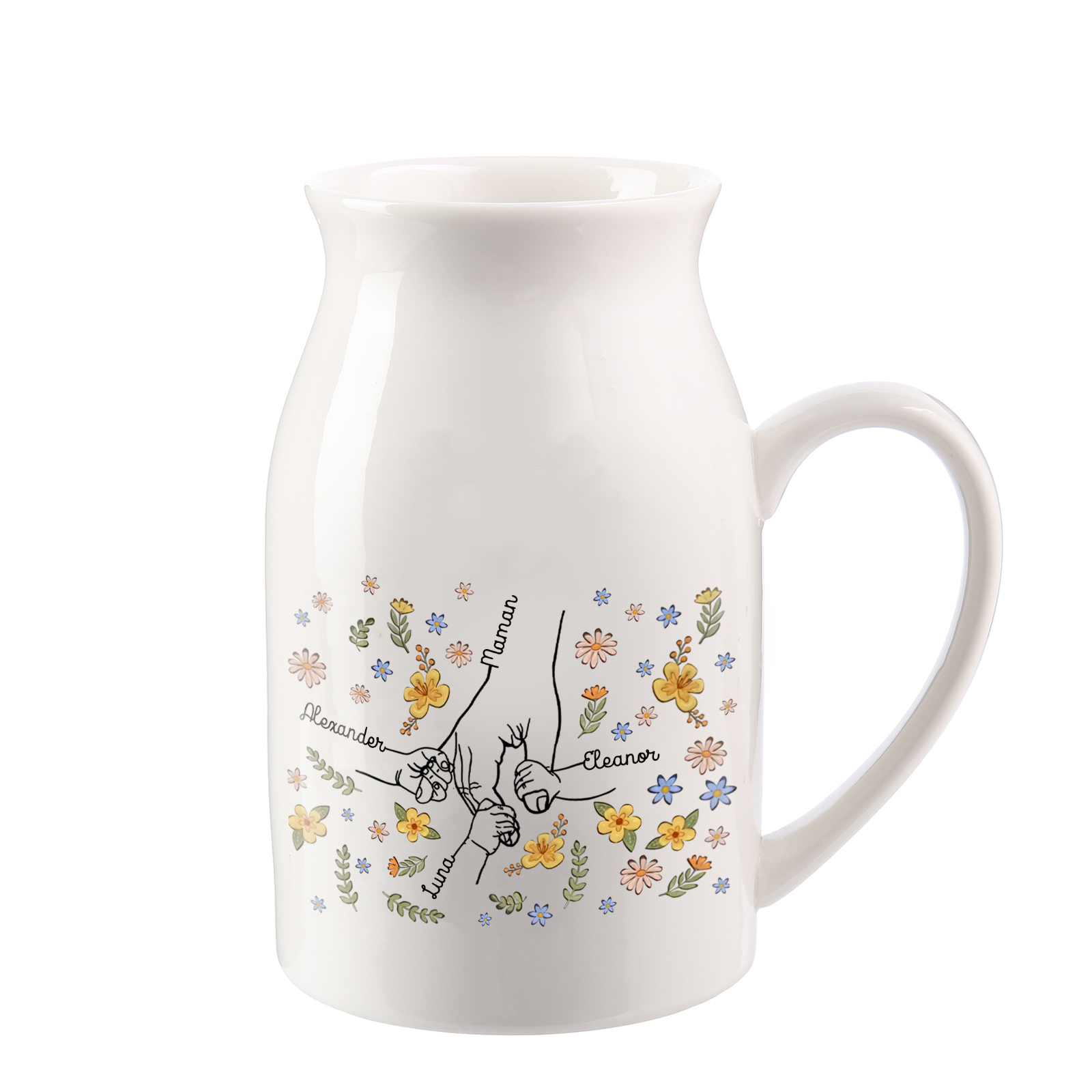 Vase Personnalisé en Céramique avec 2-7 Prénoms – Cadeau fleuri et symbolique pour Maman/Mamie | Jessemade