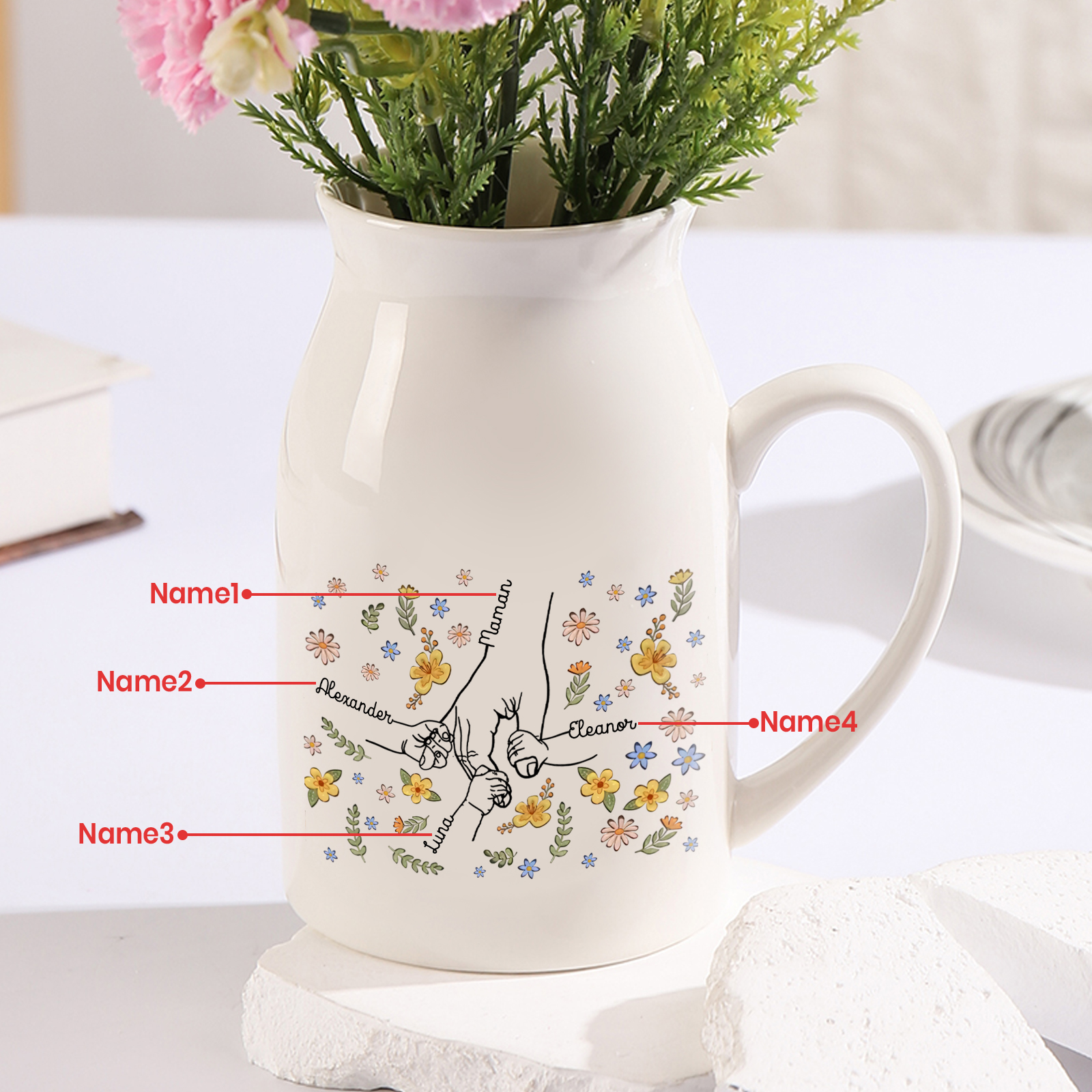 Vase Personnalisé en Céramique avec 2-7 Prénoms – Cadeau fleuri et symbolique pour Maman/Mamie | Jessemade