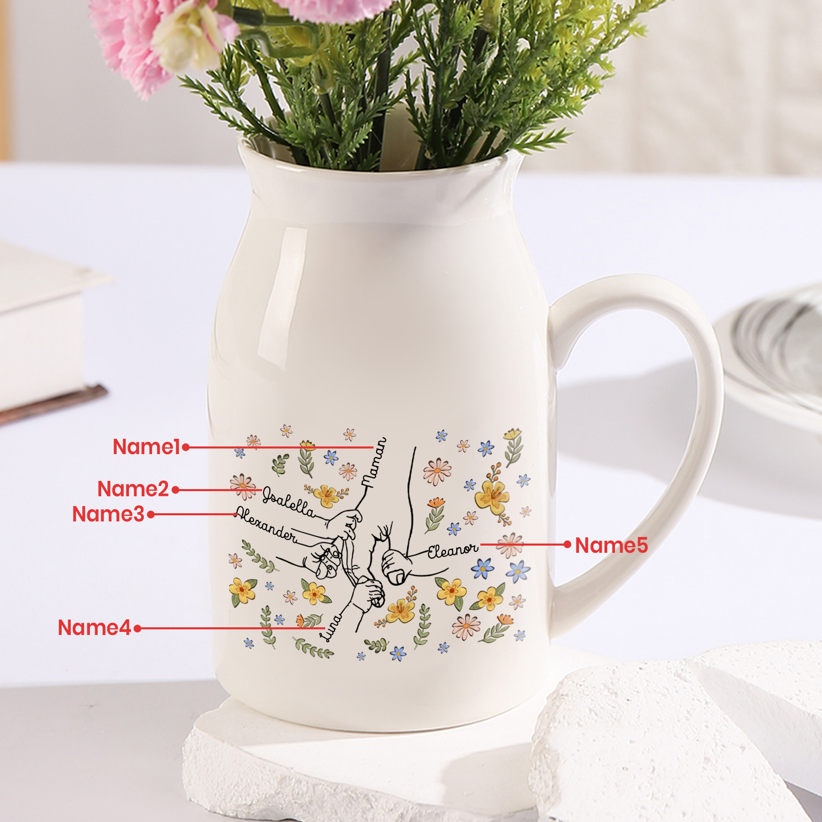 Vase Personnalisé en Céramique avec 2-7 Prénoms – Cadeau fleuri et symbolique pour Maman/Mamie | Jessemade
