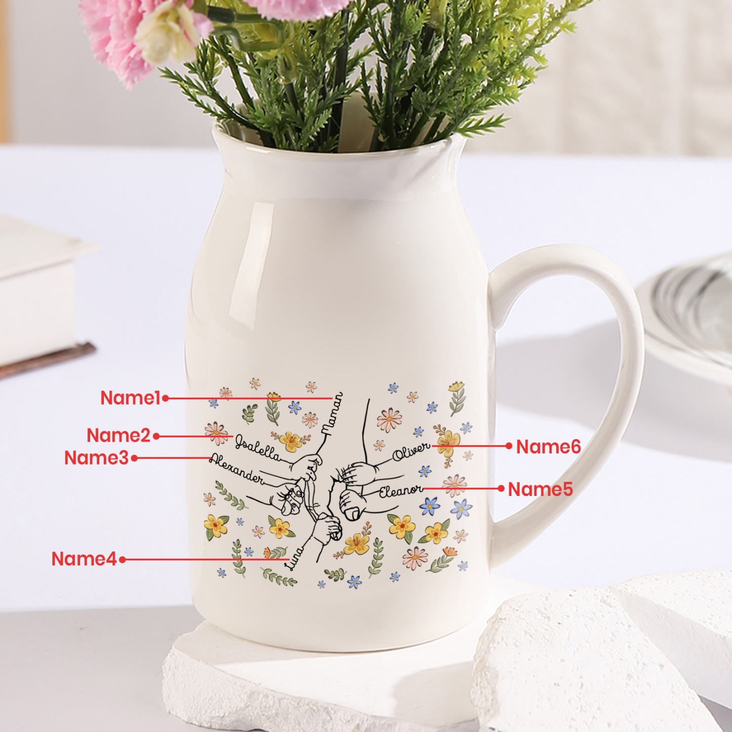 Vase Personnalisé en Céramique avec 2-7 Prénoms – Cadeau fleuri et symbolique pour Maman/Mamie | Jessemade