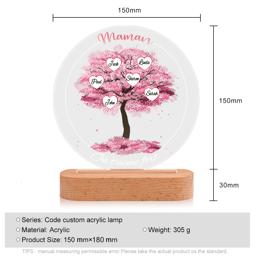 À Maman/Mamie - Lampe de chevet LED Lumières Arbre 6 Prénoms et 2 Textes Personnalisés pour Famille