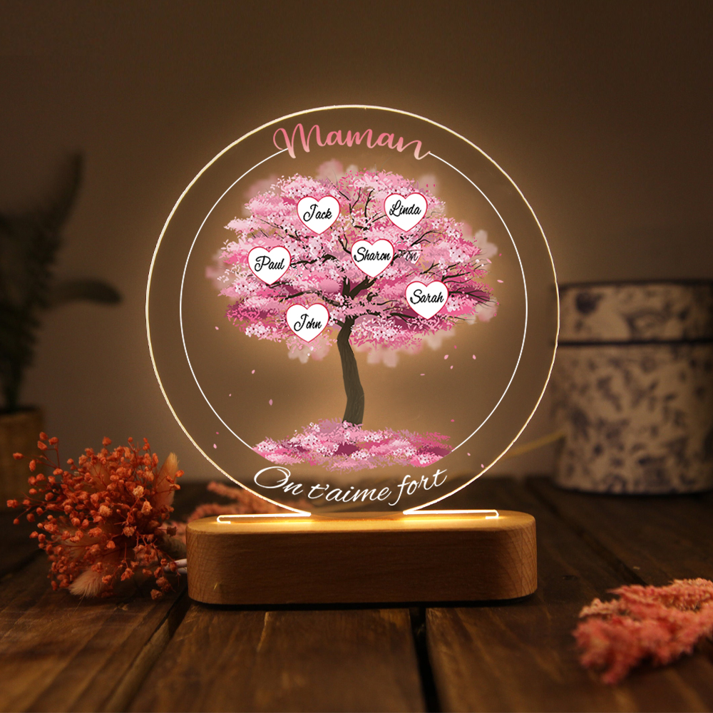 À Maman/Mamie - Lampe de chevet LED Lumières Arbre 6 Prénoms et 2 Textes Personnalisés pour Famille