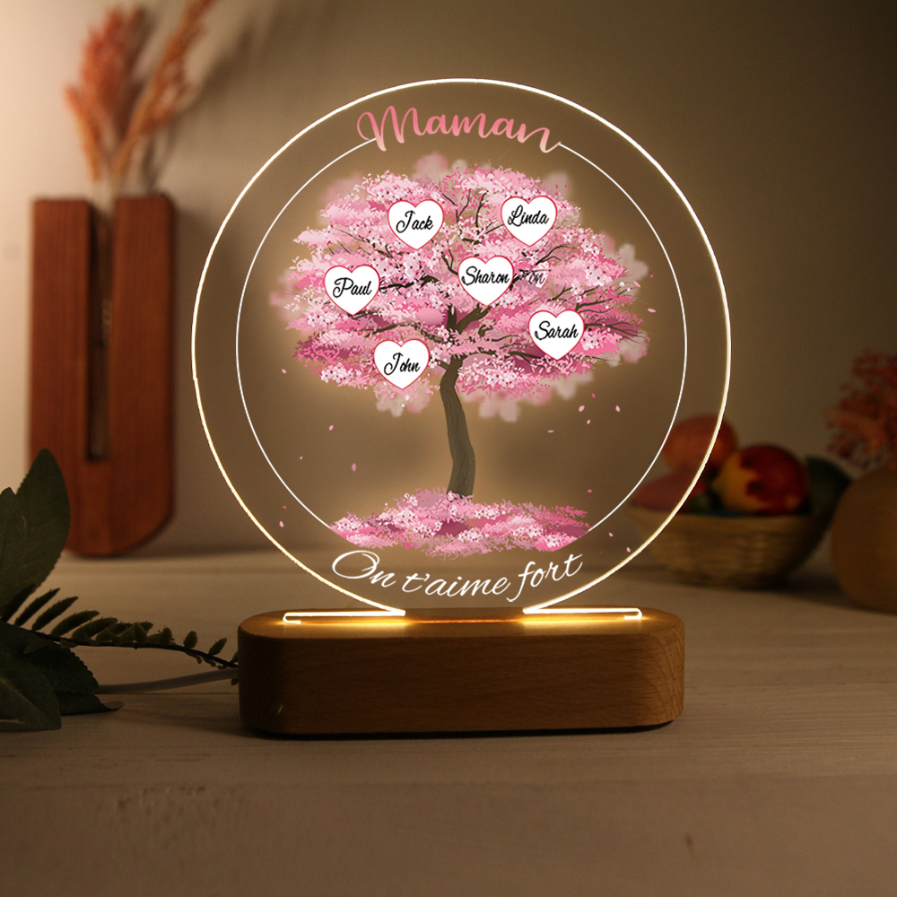 À Maman/Mamie - Lampe de chevet LED Lumières Arbre 6 Prénoms et 2 Textes Personnalisés pour Famille