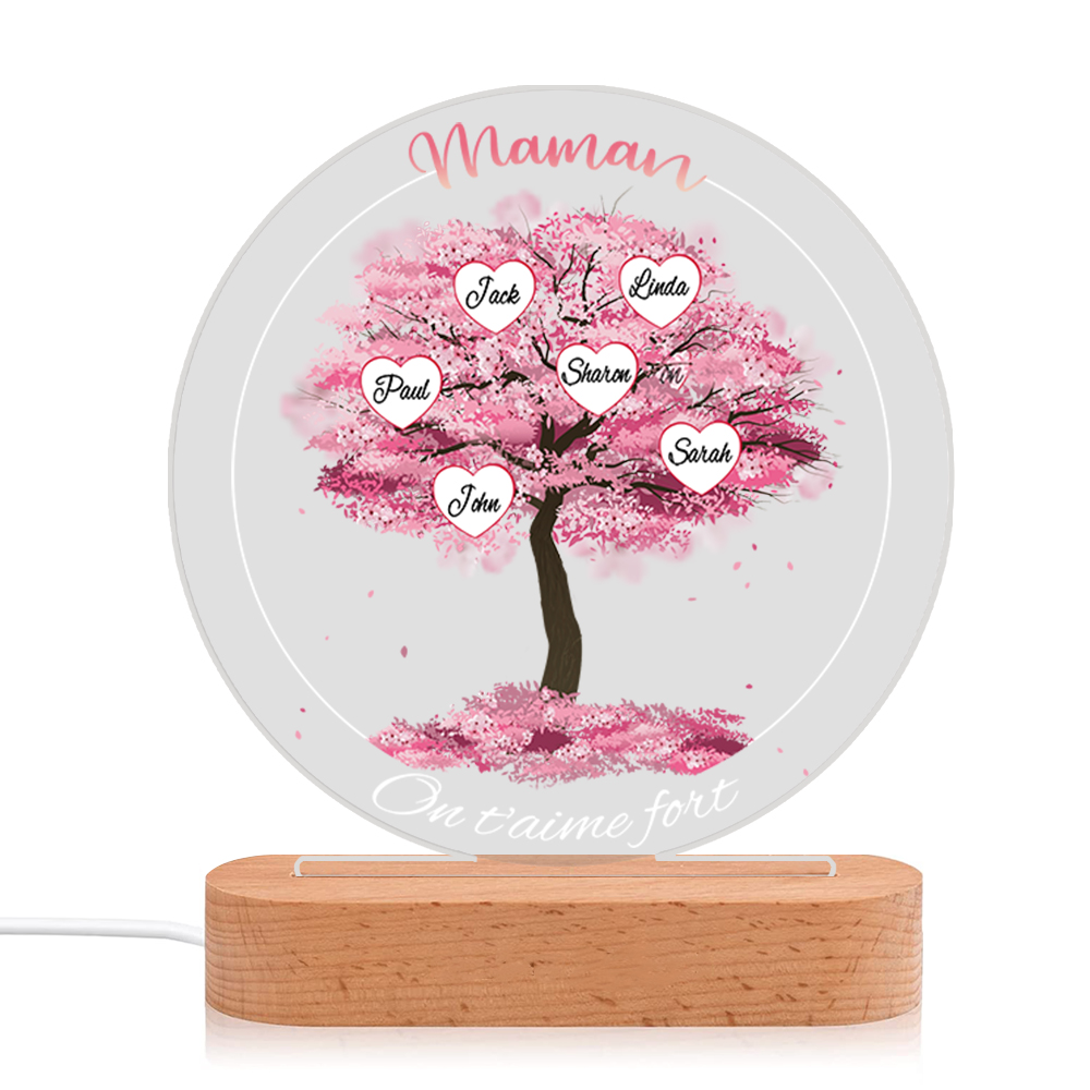 À Maman/Mamie - Lampe de chevet LED Lumières Arbre 6 Prénoms et 2 Textes Personnalisés pour Famille