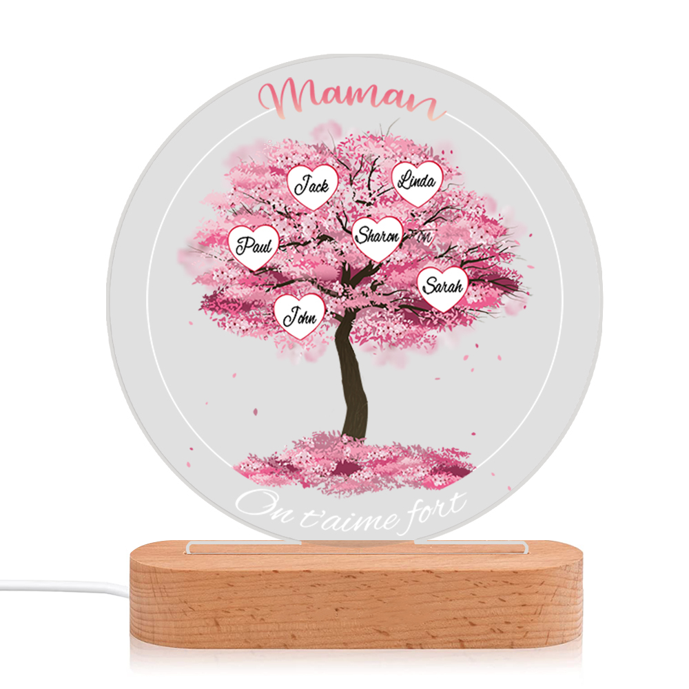 À Maman/Mamie - Lampe de chevet LED Lumières Arbre 6 Prénoms et 2 Textes Personnalisés pour Famille