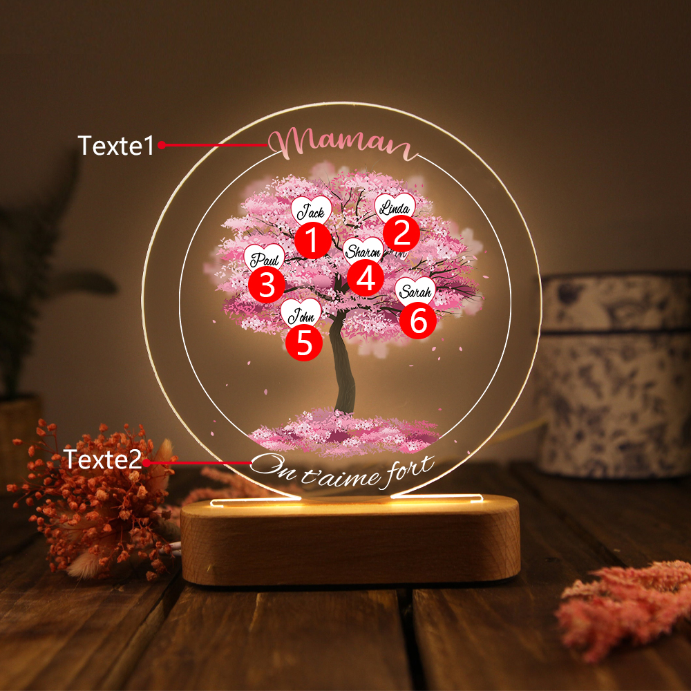 À Maman/Mamie - Lampe de chevet LED Lumières Arbre 6 Prénoms et 2 Textes Personnalisés pour Famille