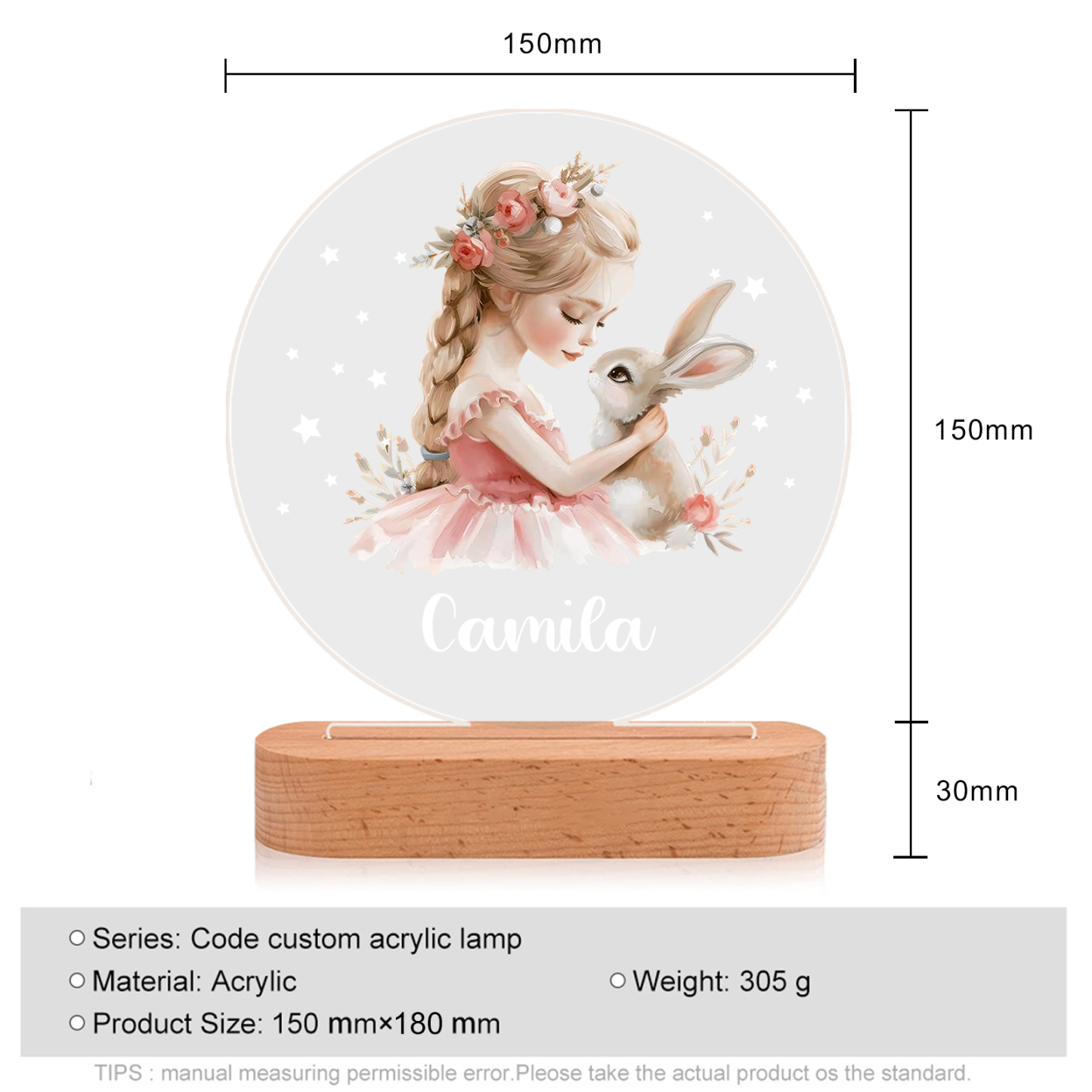 Lampe de chevet LED Lumières fille et lapin 1 Prénom Personnalisé Cadeau pour enfant | Jessemade
