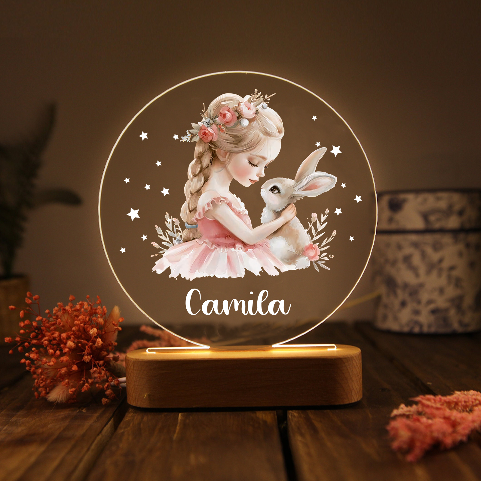 Lampe de chevet LED Lumières fille et lapin 1 Prénom Personnalisé Cadeau pour enfant | Jessemade