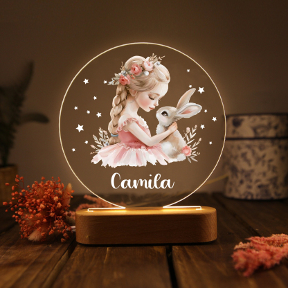 Lampe de chevet LED Lumières fille et lapin 1 Prénom Personnalisé Cadeau pour enfant | Jessemade