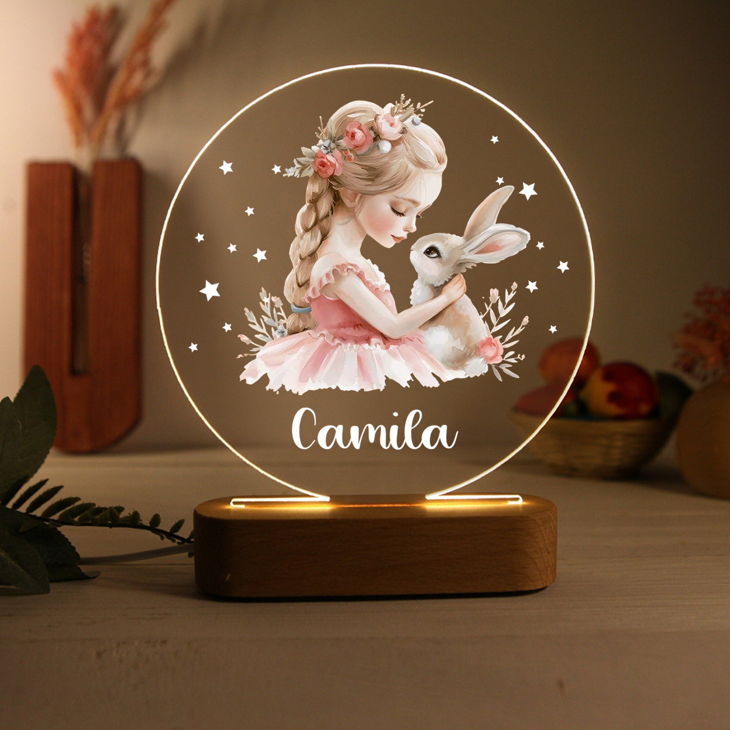 Lampe de chevet LED Lumières fille et lapin 1 Prénom Personnalisé Cadeau pour enfant | Jessemade